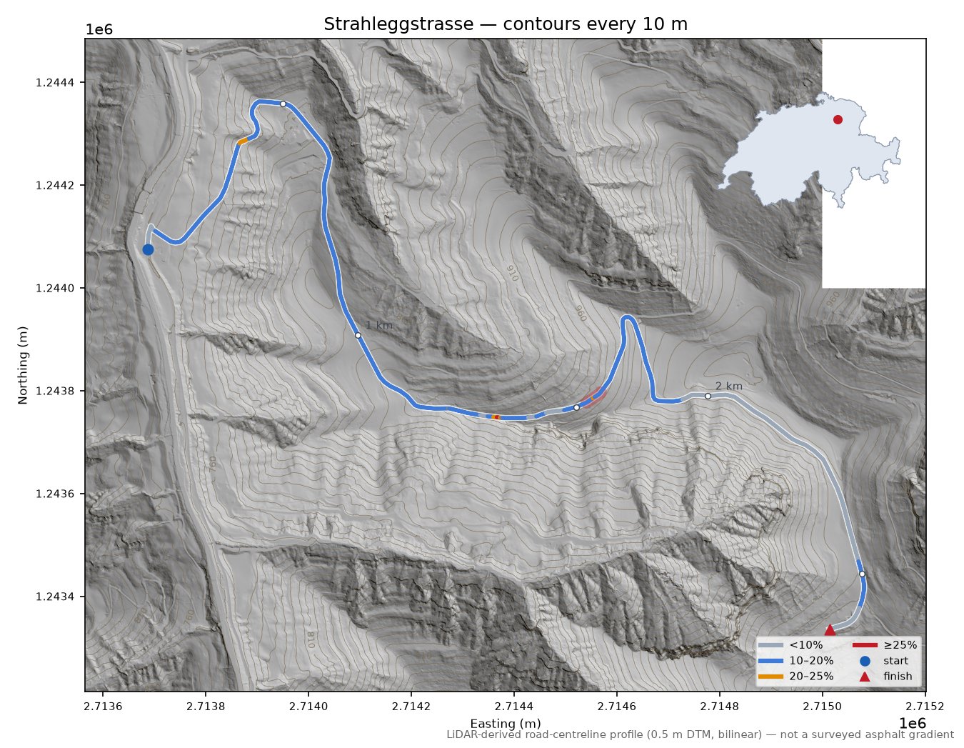 Strahleggstrasse LiDAR hillshade map with contours