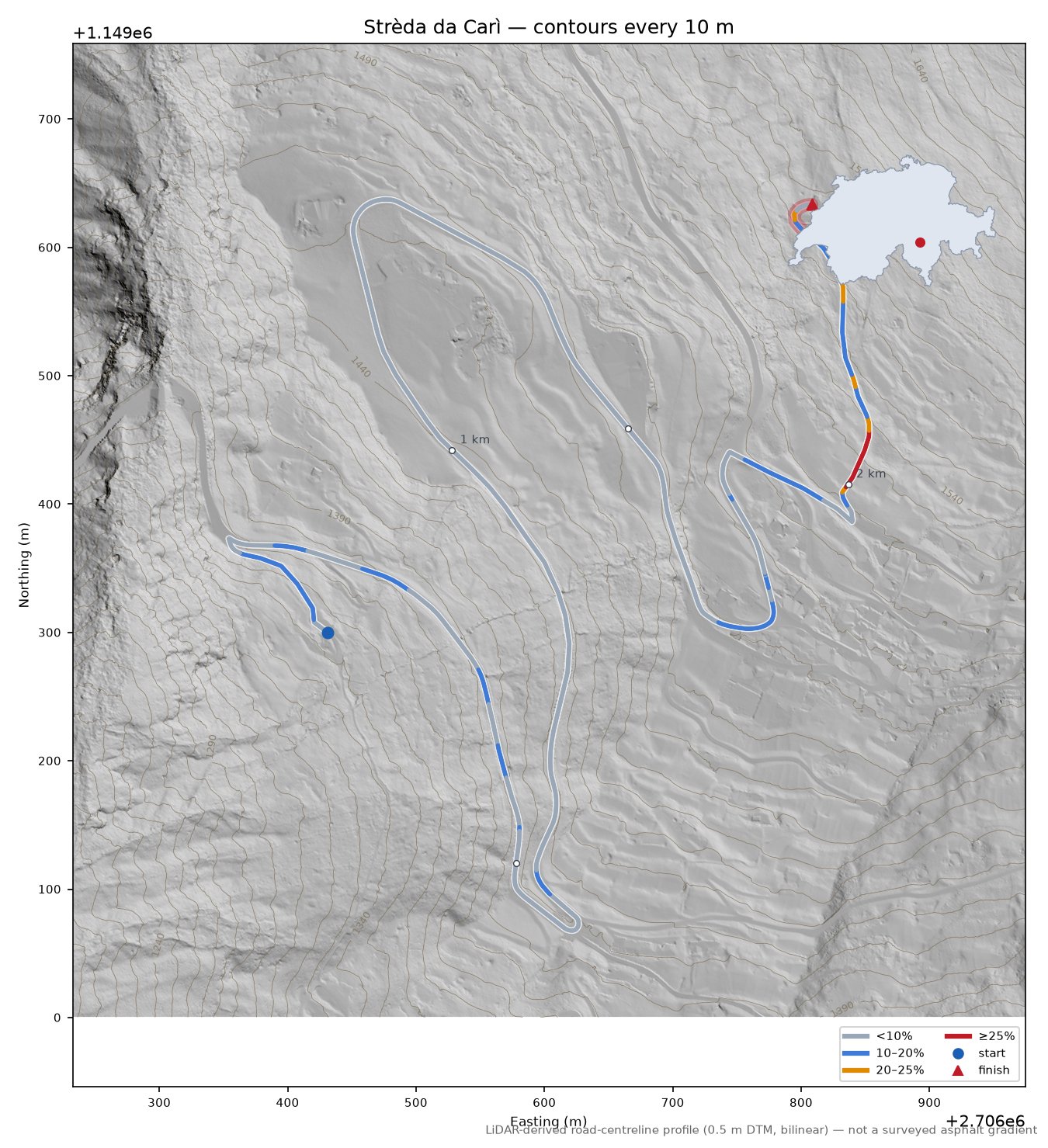 Strèda da Carì LiDAR hillshade map with contours