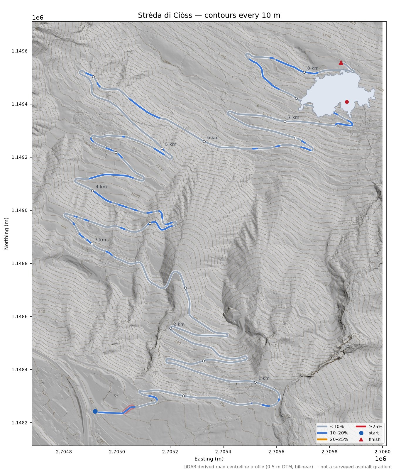 Strèda di Ciòss LiDAR hillshade map with contours