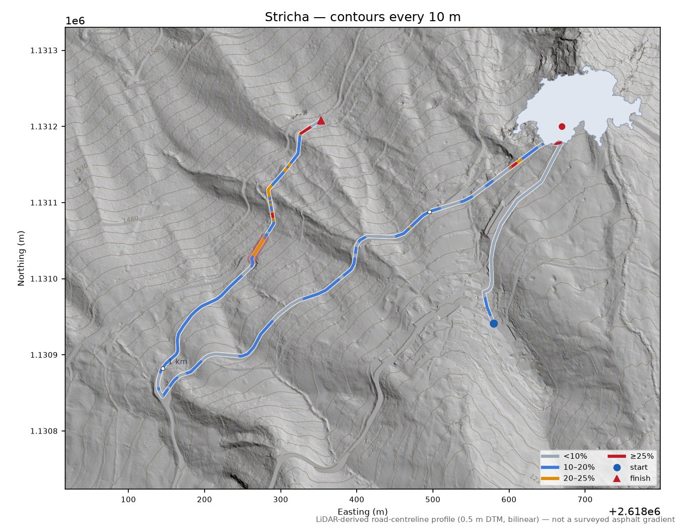 Stricha LiDAR hillshade map with contours
