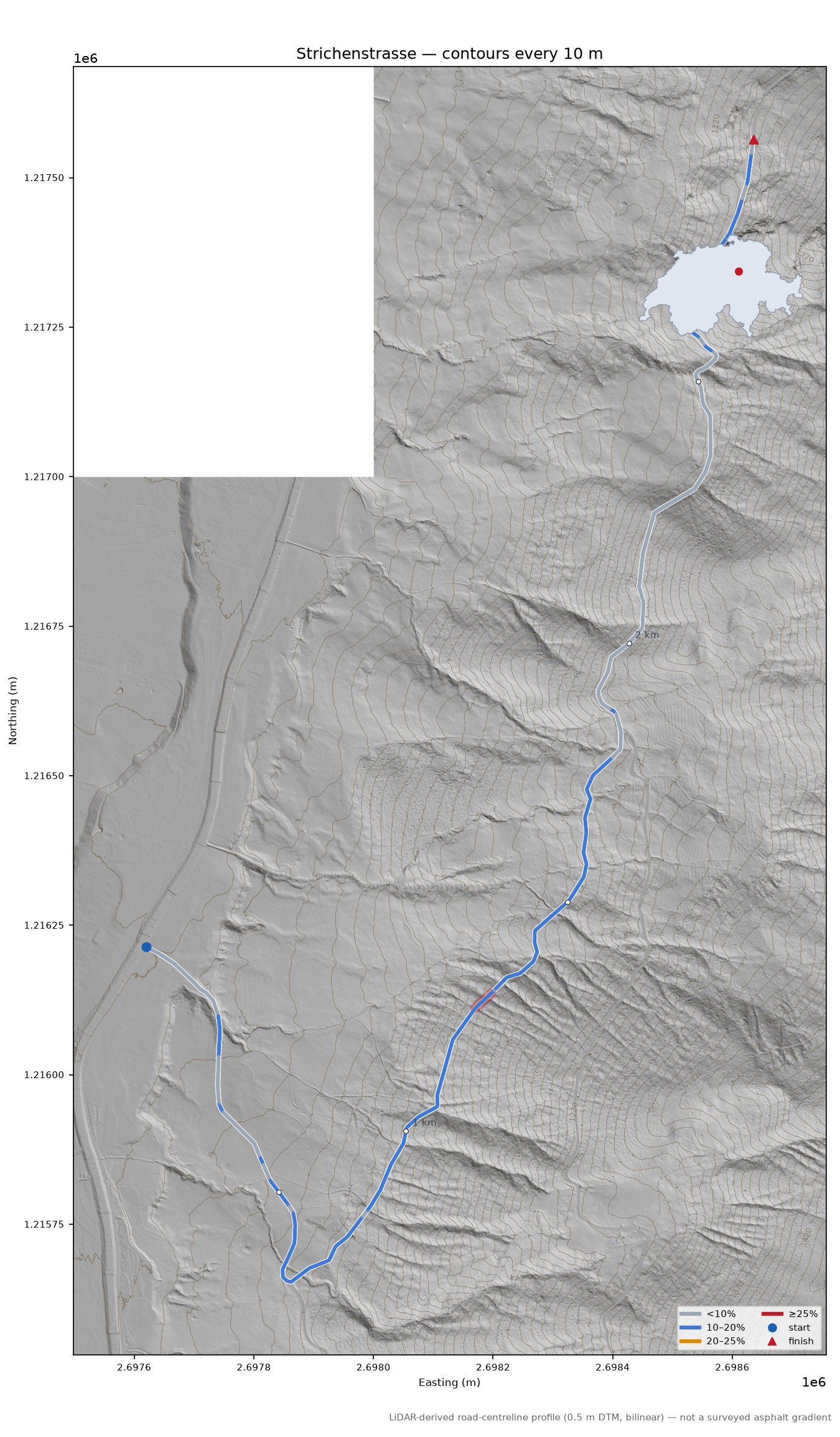Strichenstrasse LiDAR hillshade map with contours