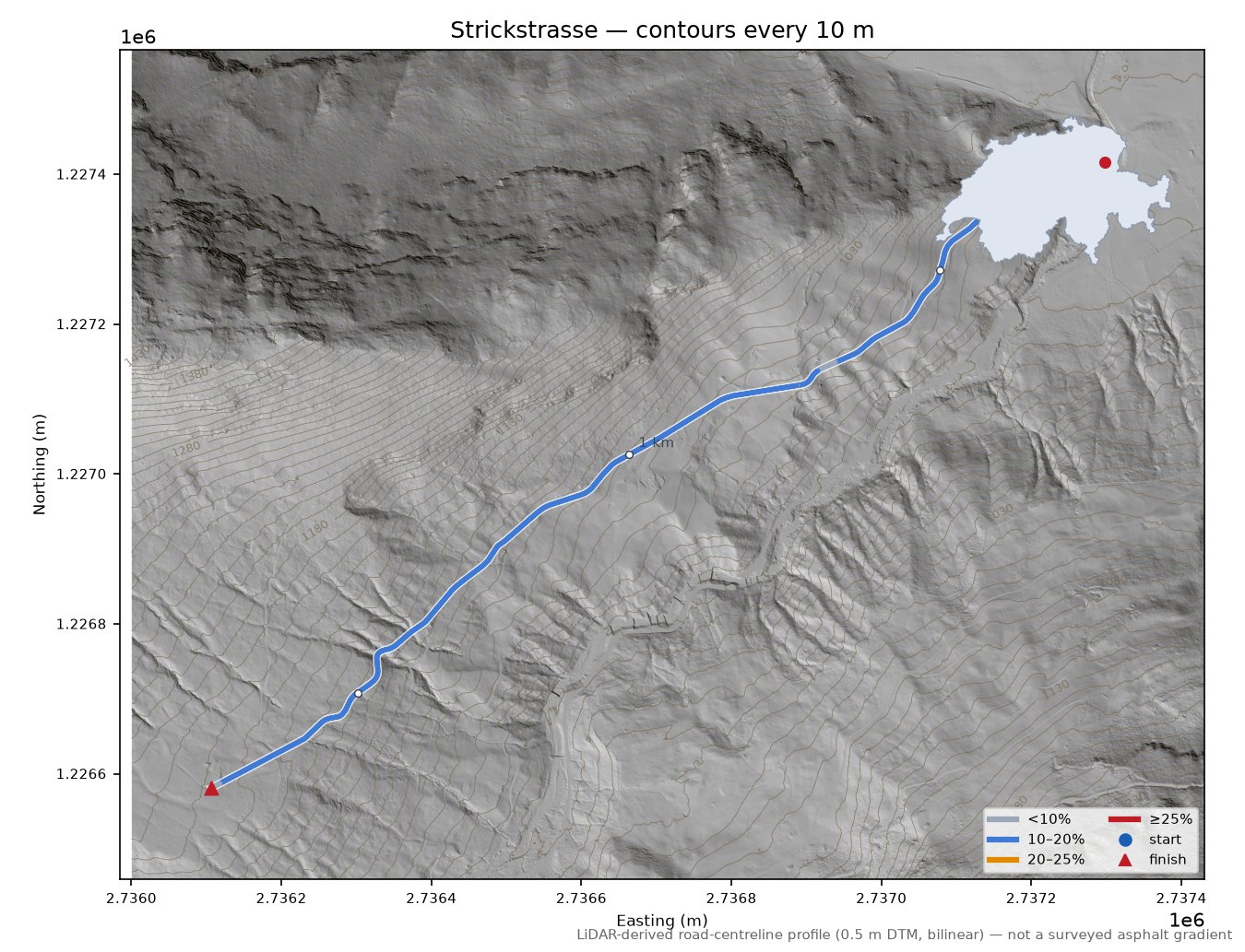 Strickstrasse LiDAR hillshade map with contours