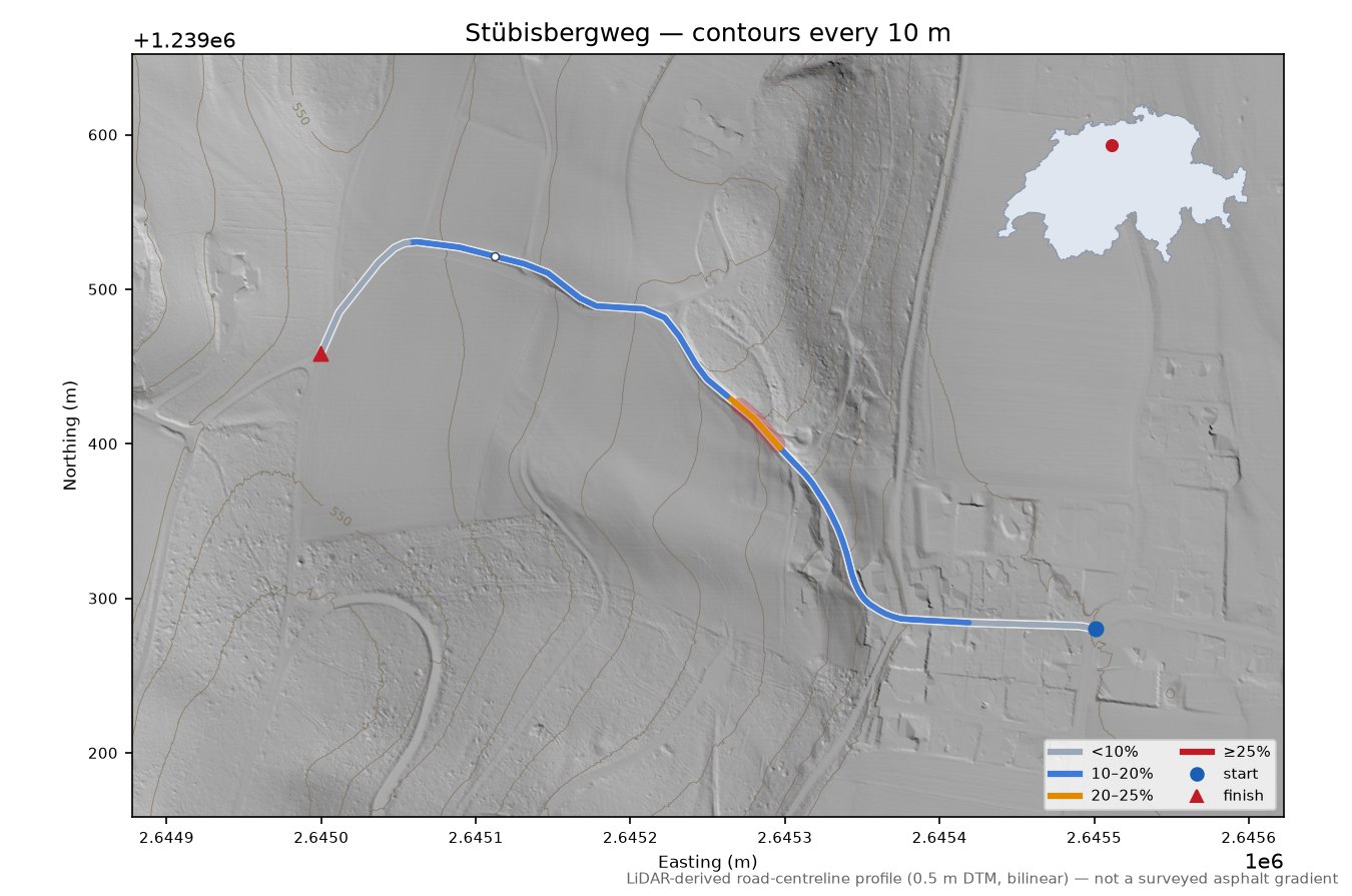 Stübisbergweg LiDAR hillshade map with contours