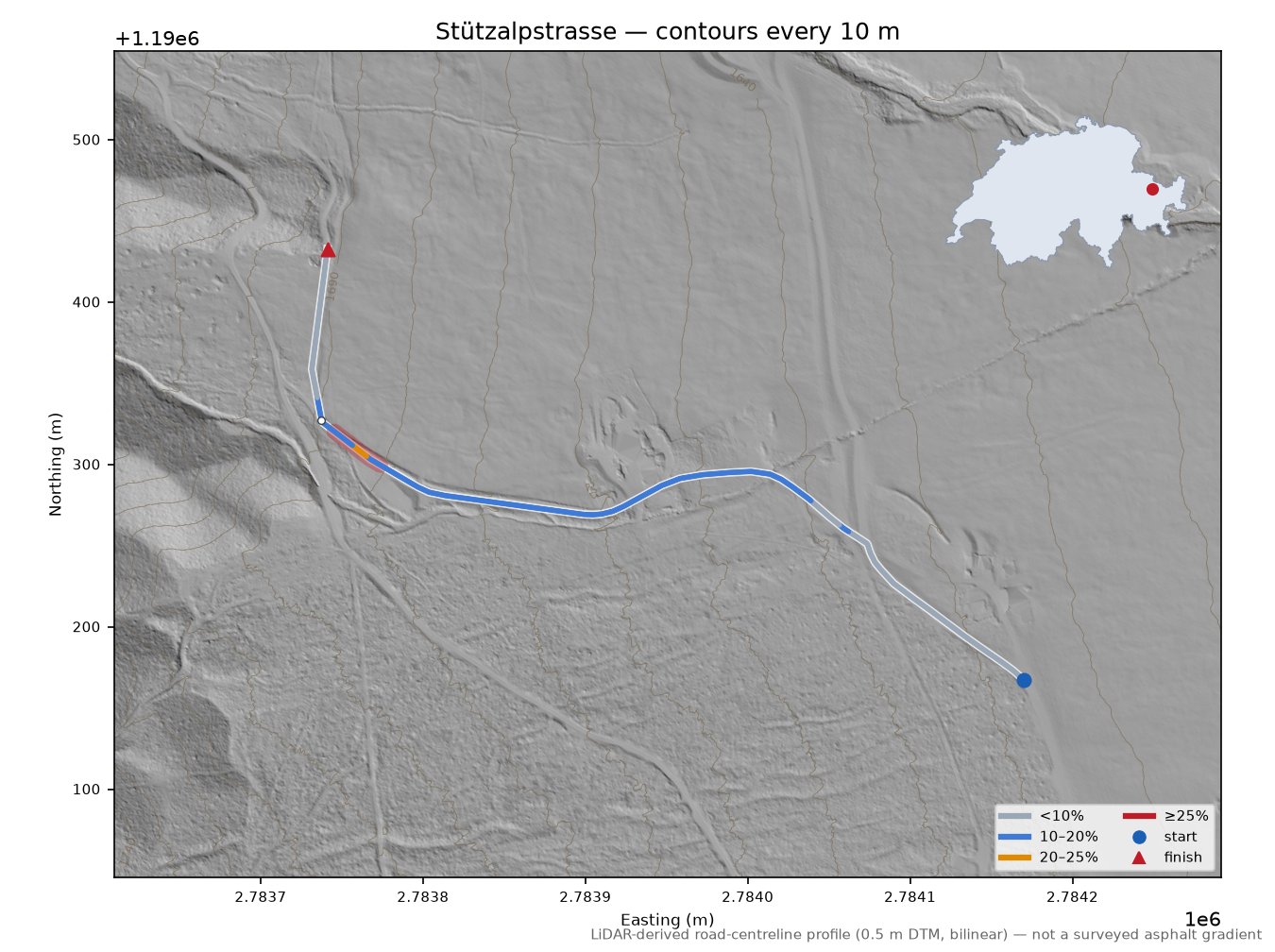 Stützalpstrasse LiDAR hillshade map with contours