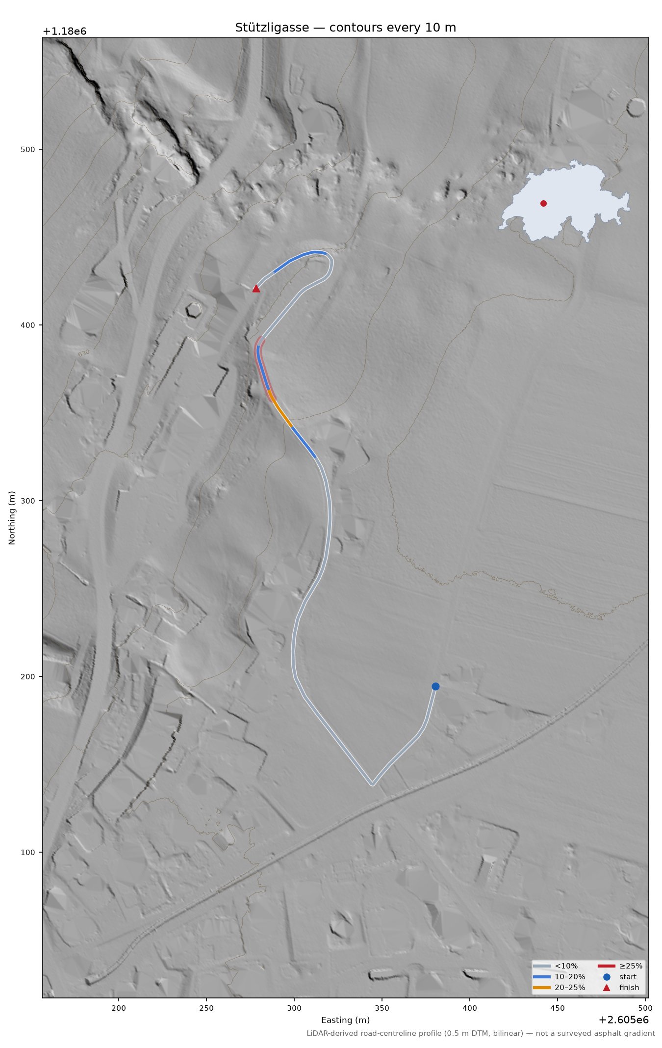 Stützligasse LiDAR hillshade map with contours