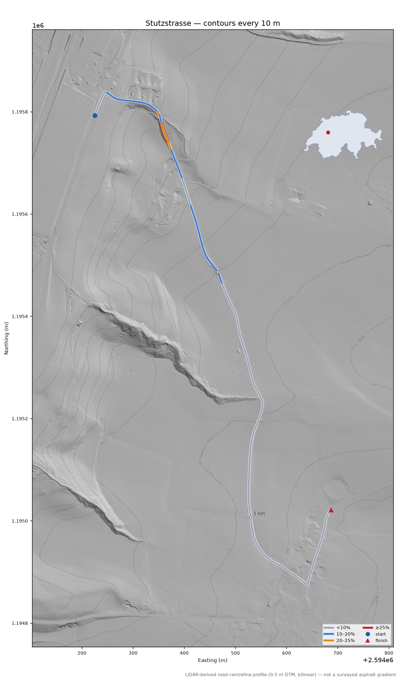 Stutzstrasse LiDAR hillshade map with contours