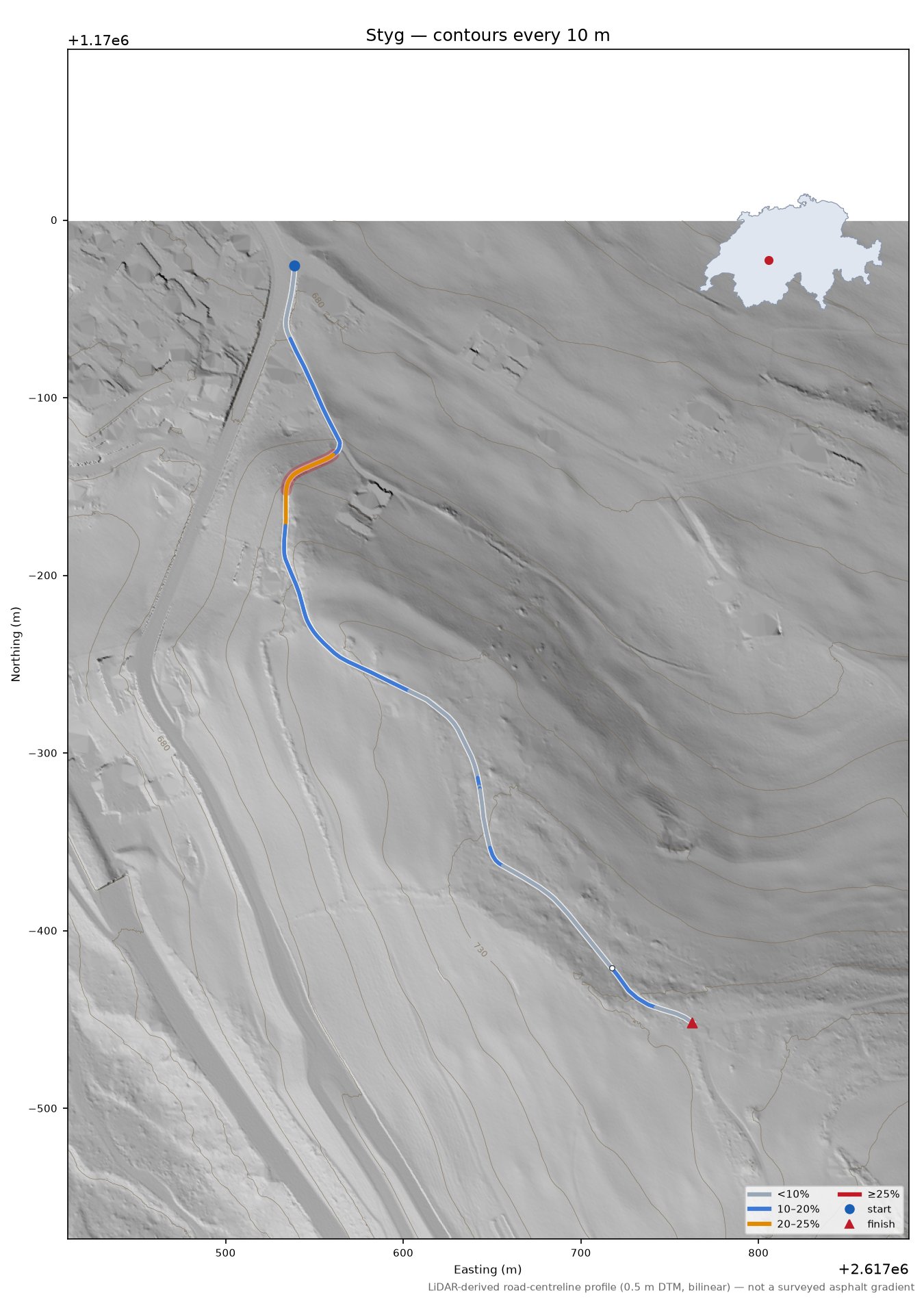 Styg LiDAR hillshade map with contours