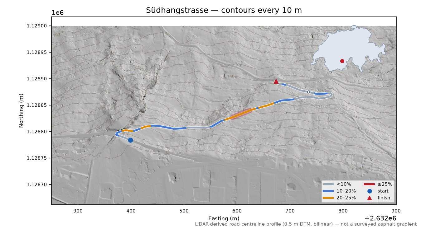 Südhangstrasse LiDAR hillshade map with contours