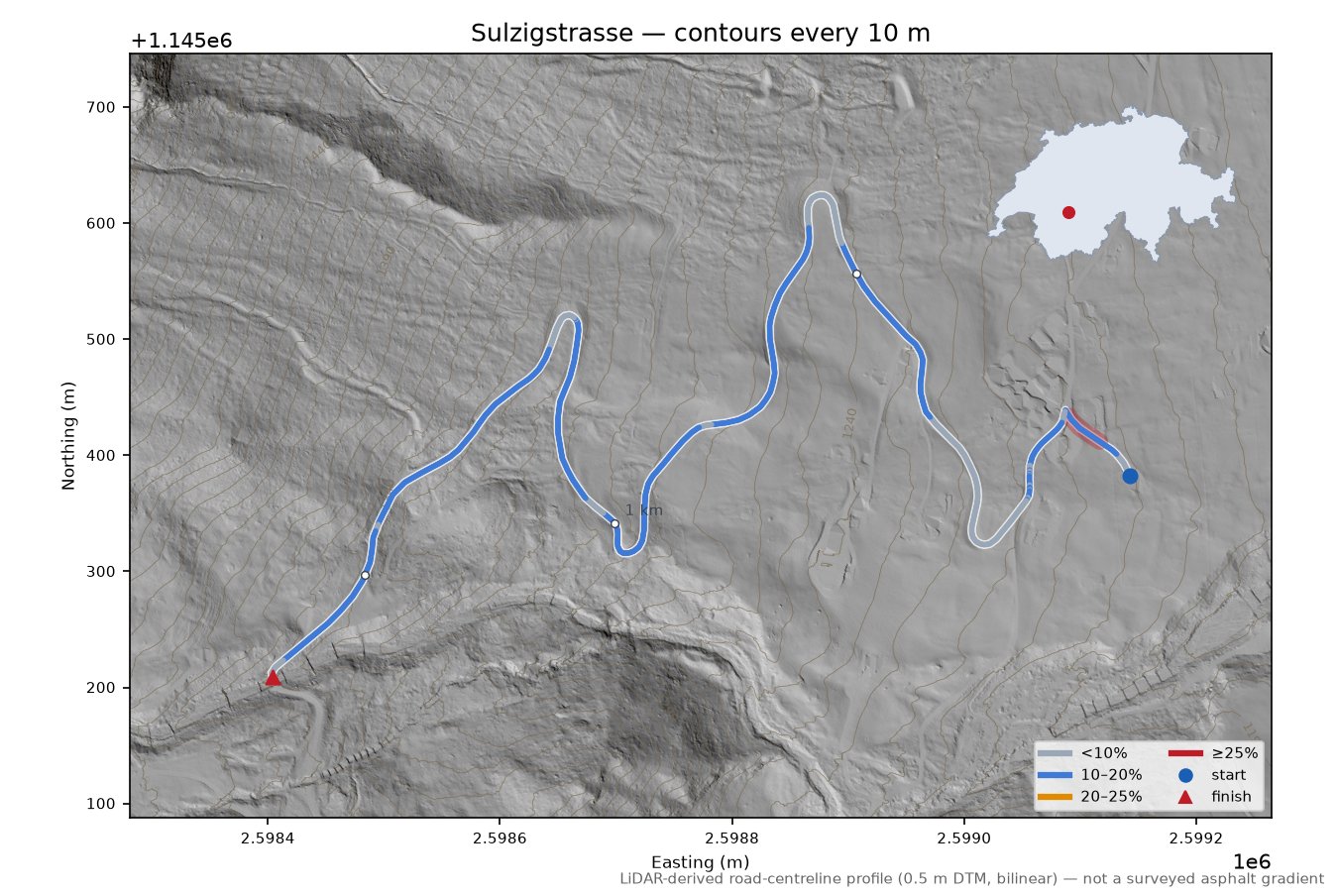 Sulzigstrasse LiDAR hillshade map with contours