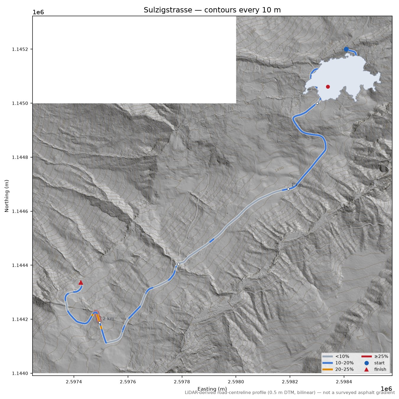 Sulzigstrasse LiDAR hillshade map with contours