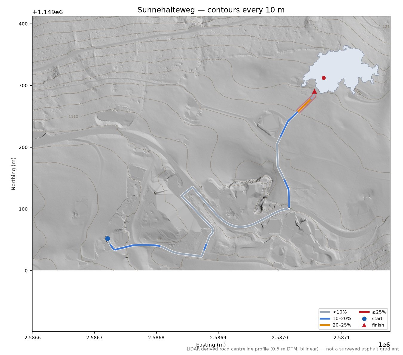 Sunnehalteweg LiDAR hillshade map with contours