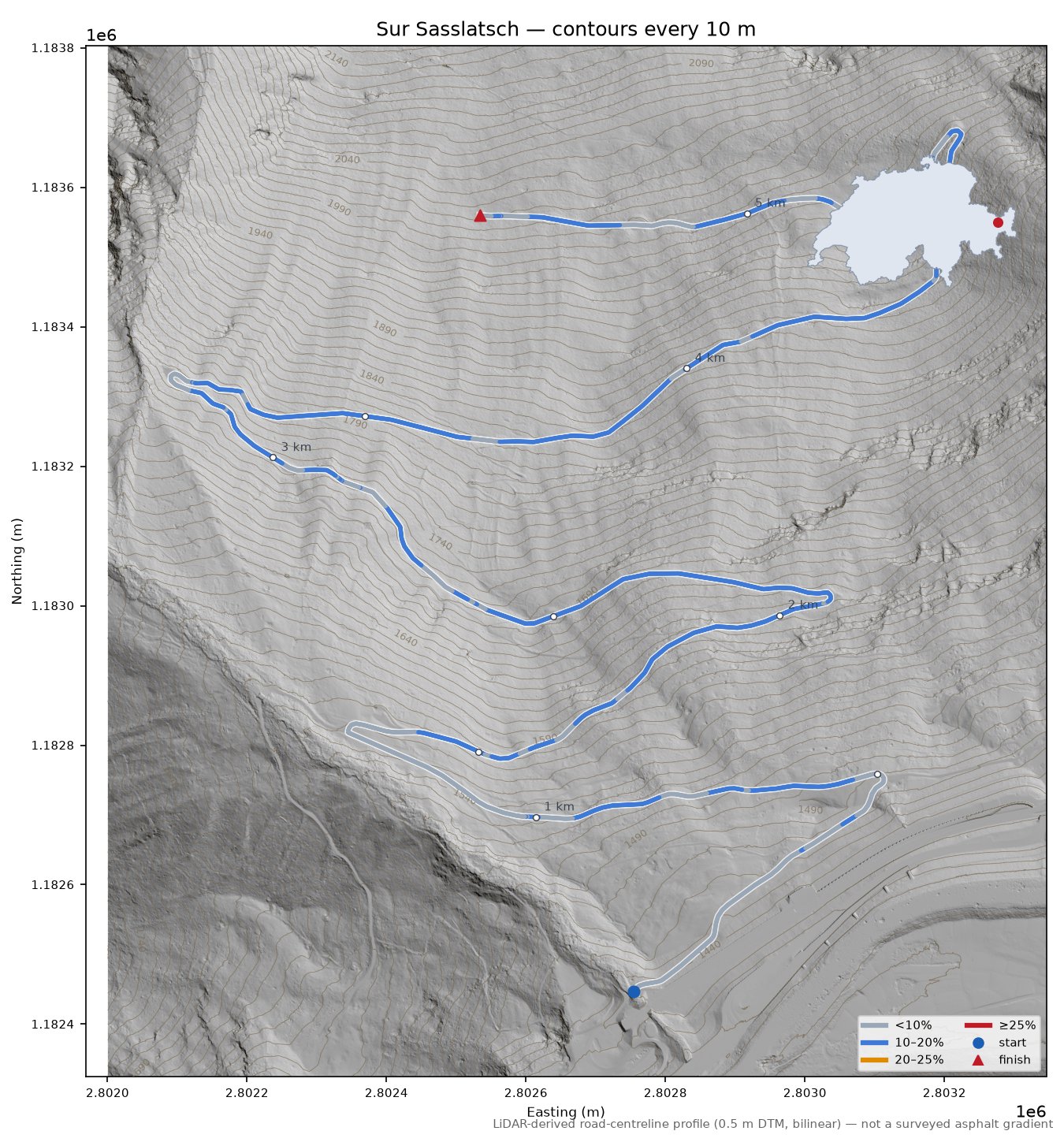Sur Sasslatsch LiDAR hillshade map with contours