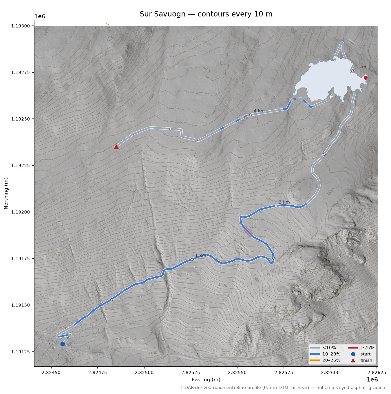 Sur Savuogn LiDAR hillshade map with contours