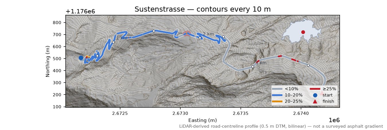 Sustenstrasse LiDAR hillshade map with contours