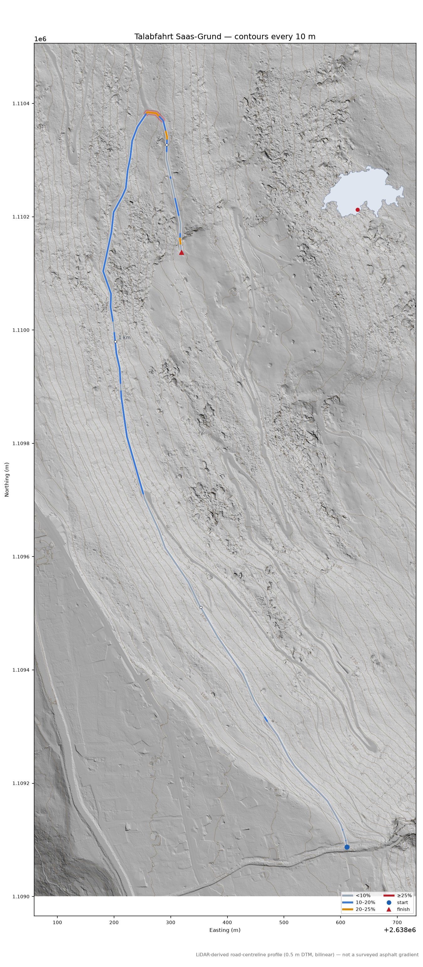 Talabfahrt Saas-Grund LiDAR hillshade map with contours