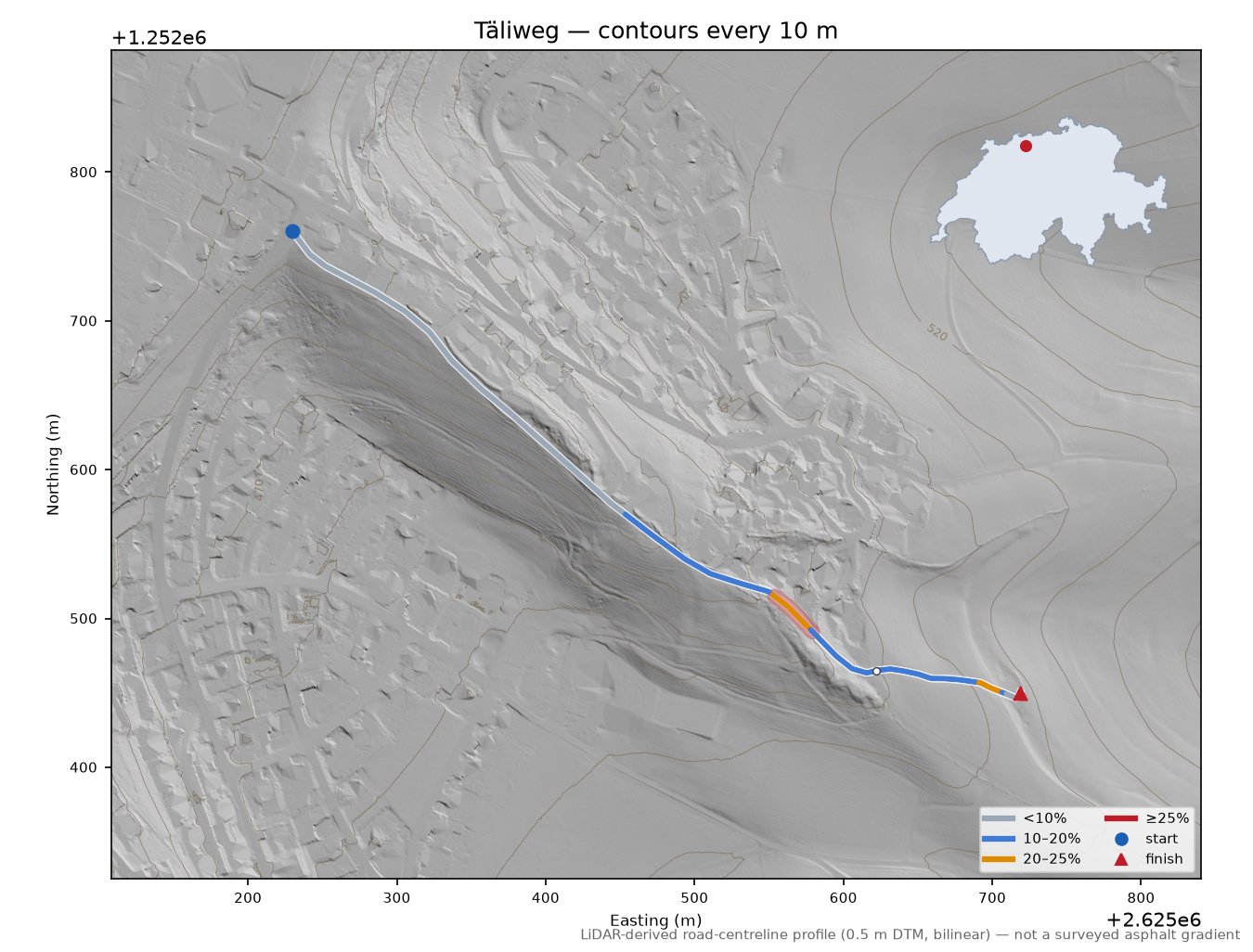 Täliweg LiDAR hillshade map with contours
