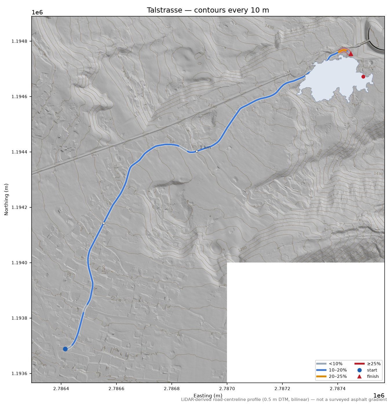 Talstrasse LiDAR hillshade map with contours