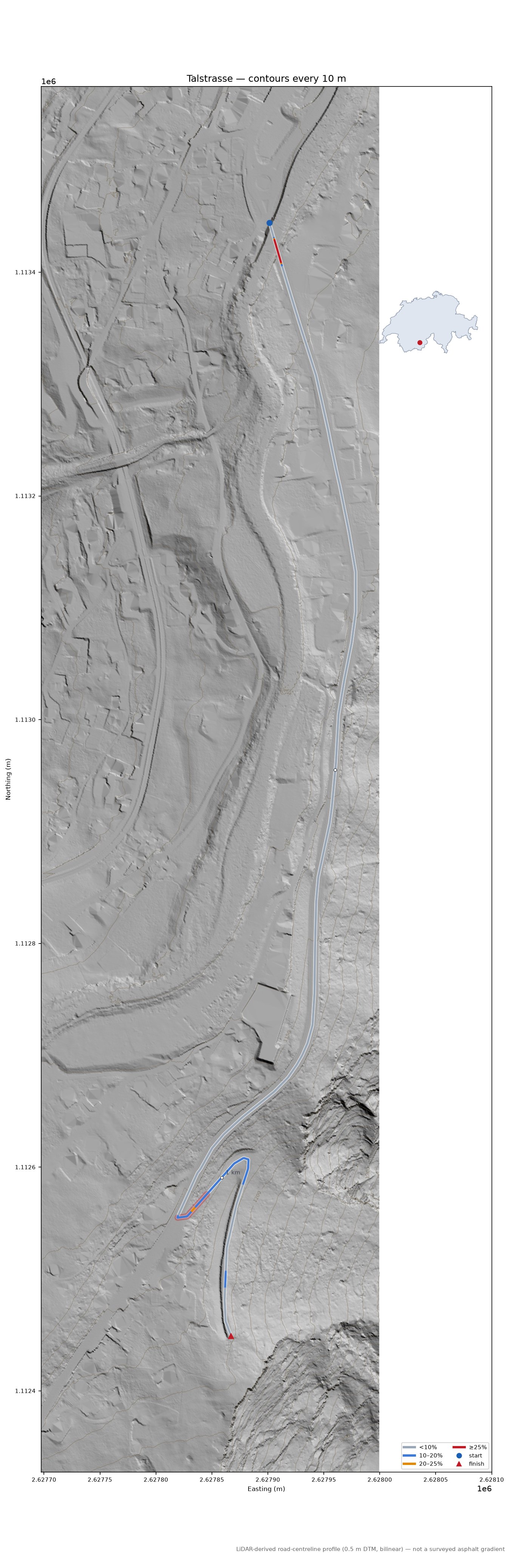 Talstrasse LiDAR hillshade map with contours