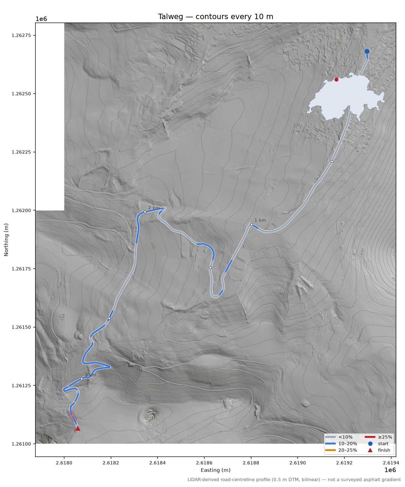 Talweg LiDAR hillshade map with contours