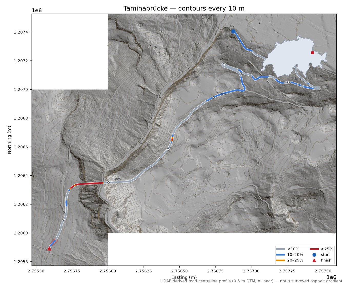 Taminabrücke LiDAR hillshade map with contours