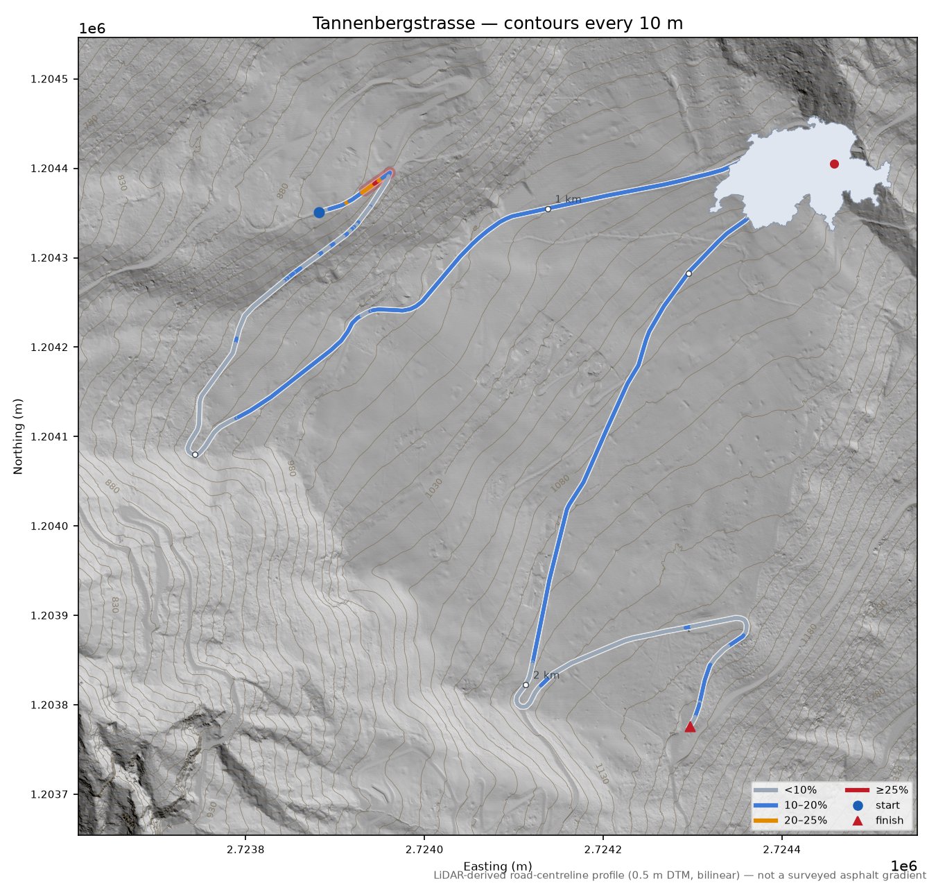 Tannenbergstrasse LiDAR hillshade map with contours