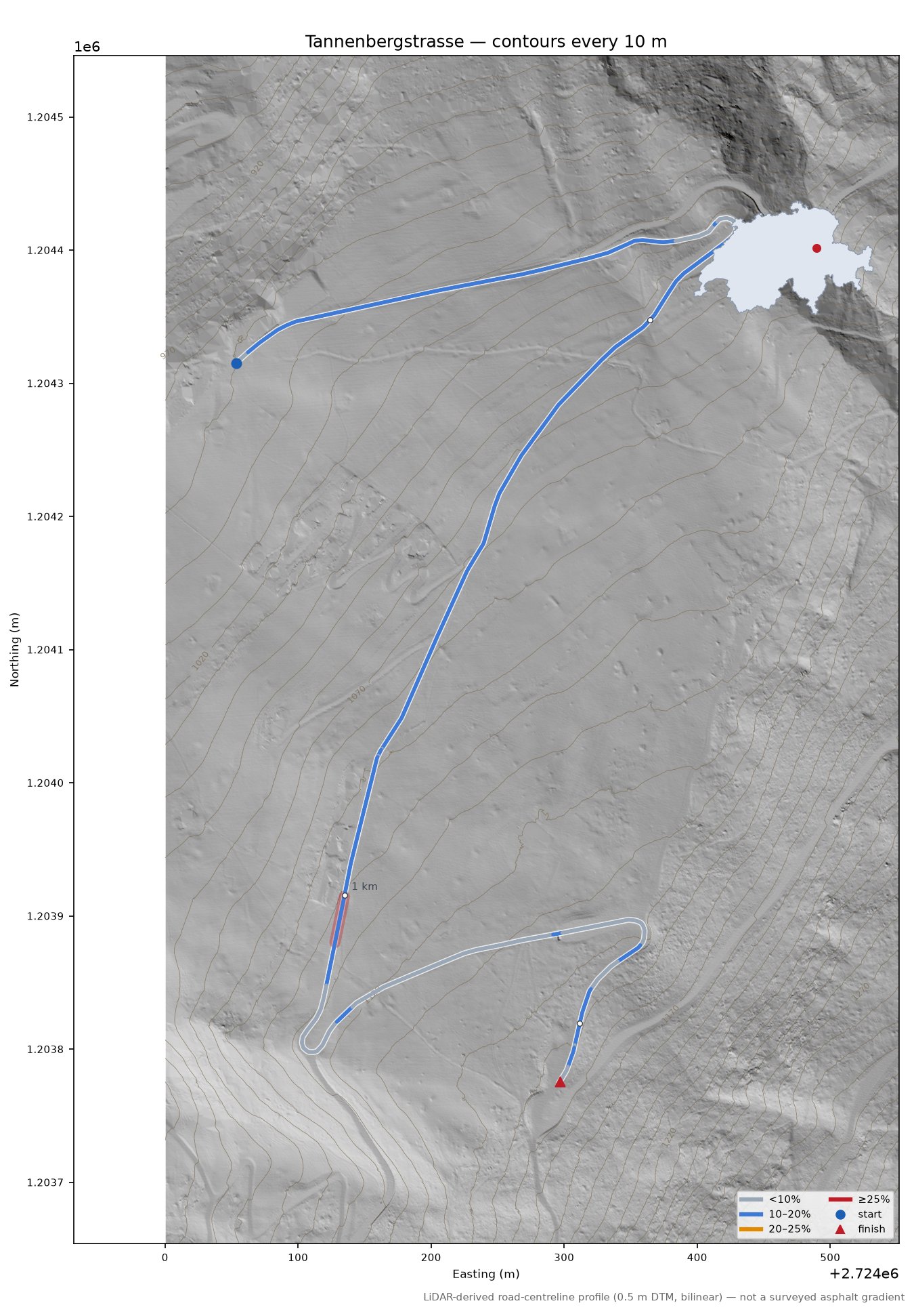 Tannenbergstrasse LiDAR hillshade map with contours