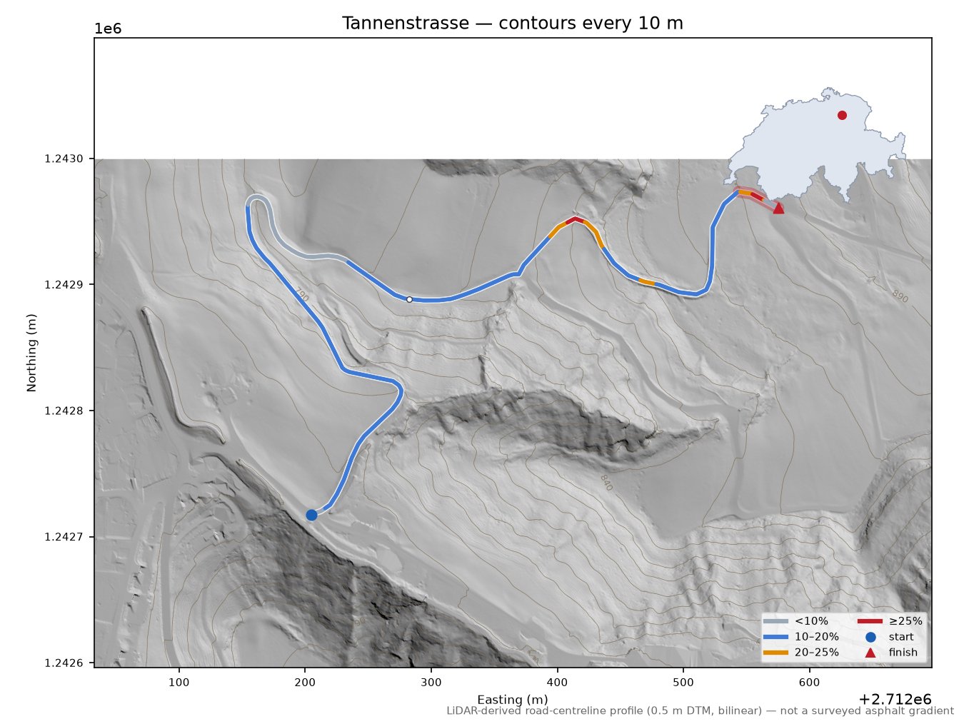 Tannenstrasse LiDAR hillshade map with contours