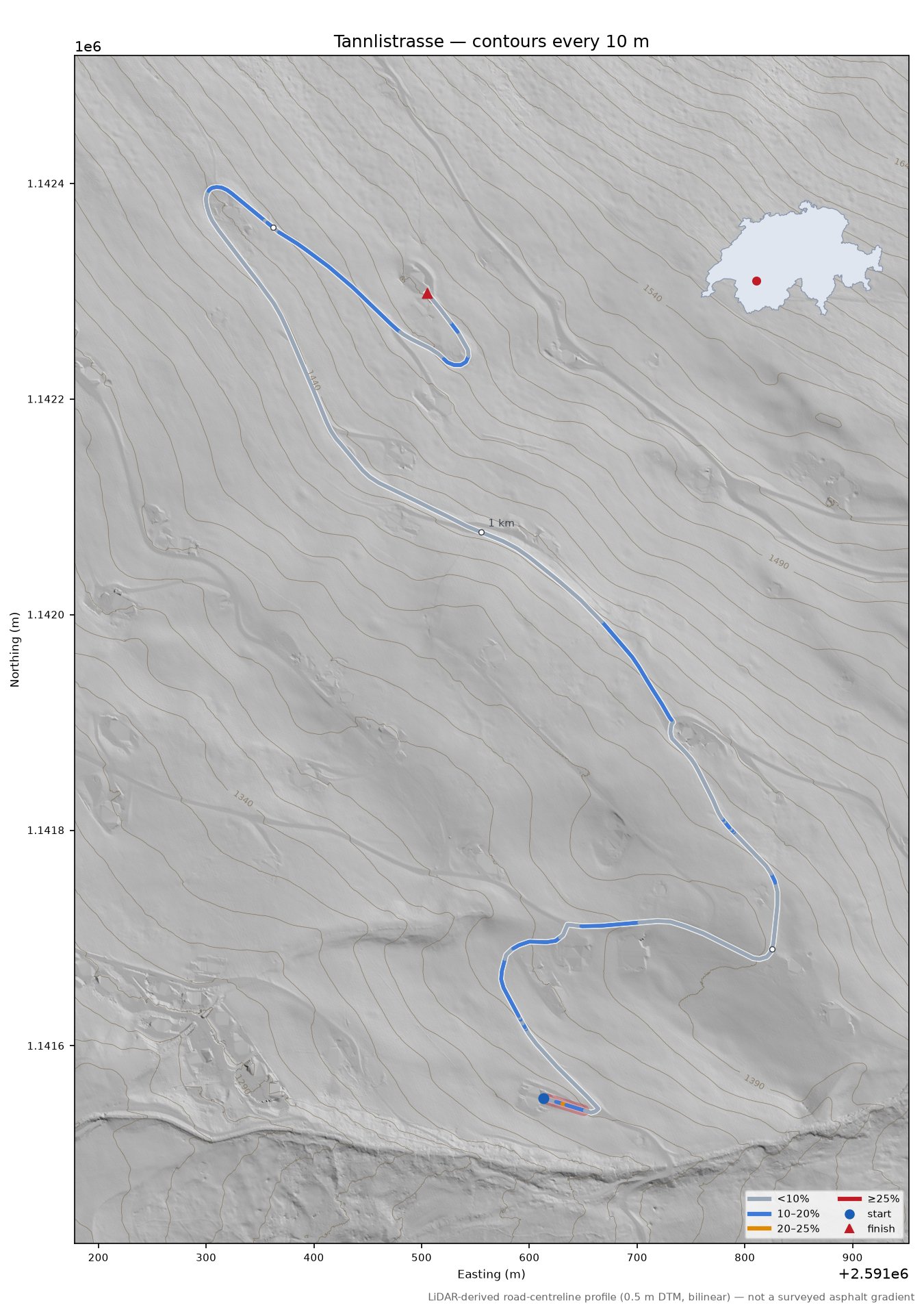 Tannlistrasse LiDAR hillshade map with contours