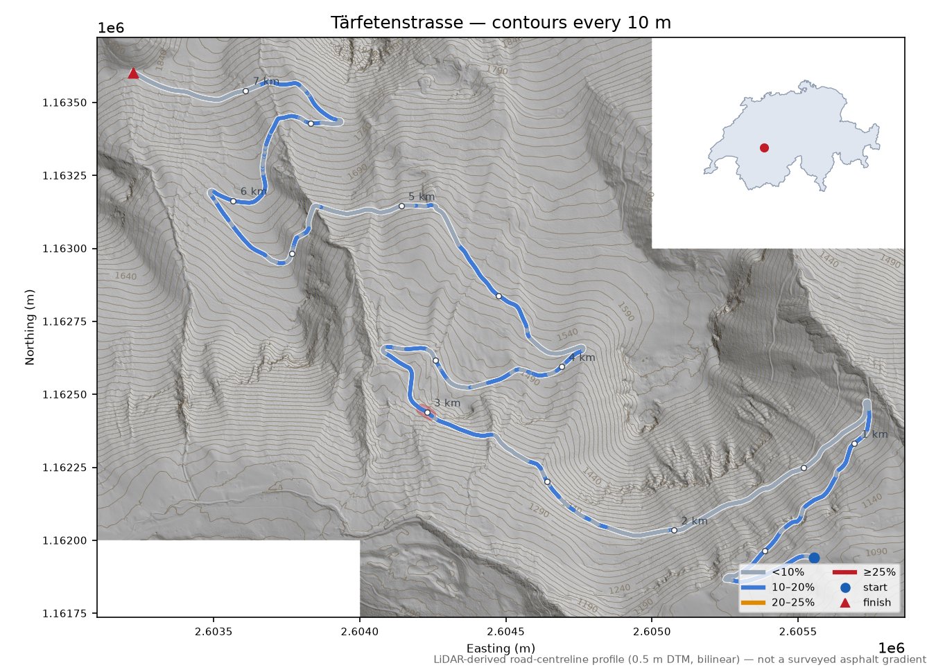 Tärfetenstrasse LiDAR hillshade map with contours