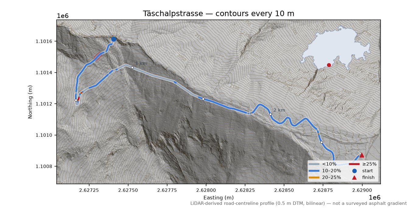 Täschalpstrasse LiDAR hillshade map with contours