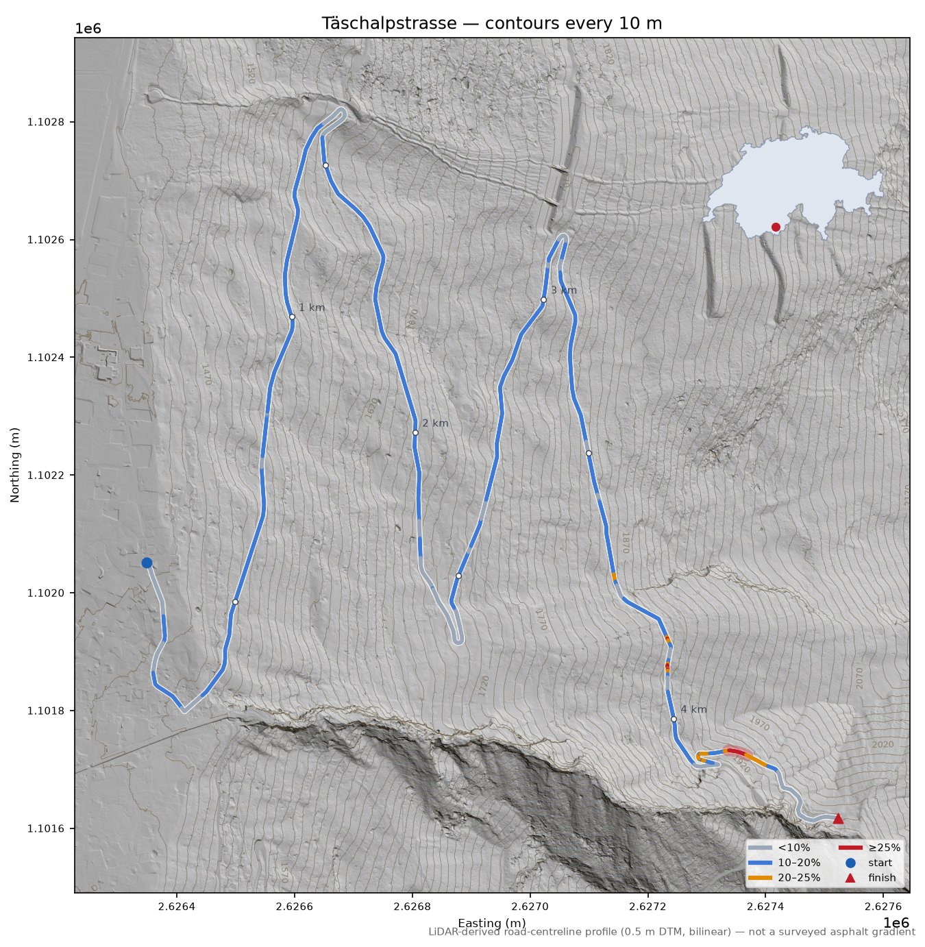 Täschalpstrasse LiDAR hillshade map with contours