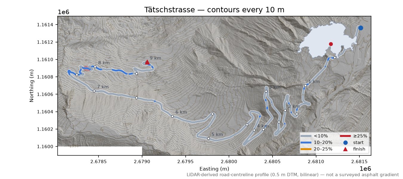Tätschstrasse LiDAR hillshade map with contours