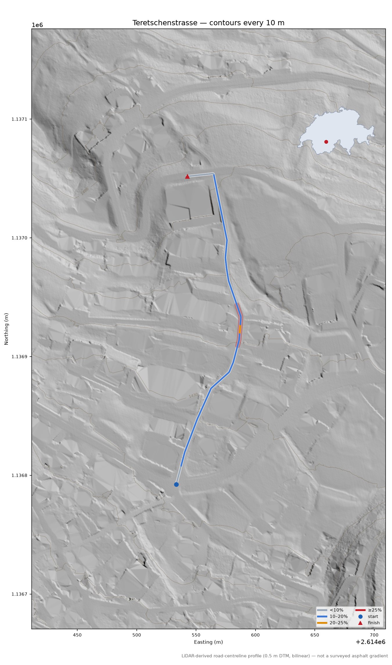 Teretschenstrasse LiDAR hillshade map with contours