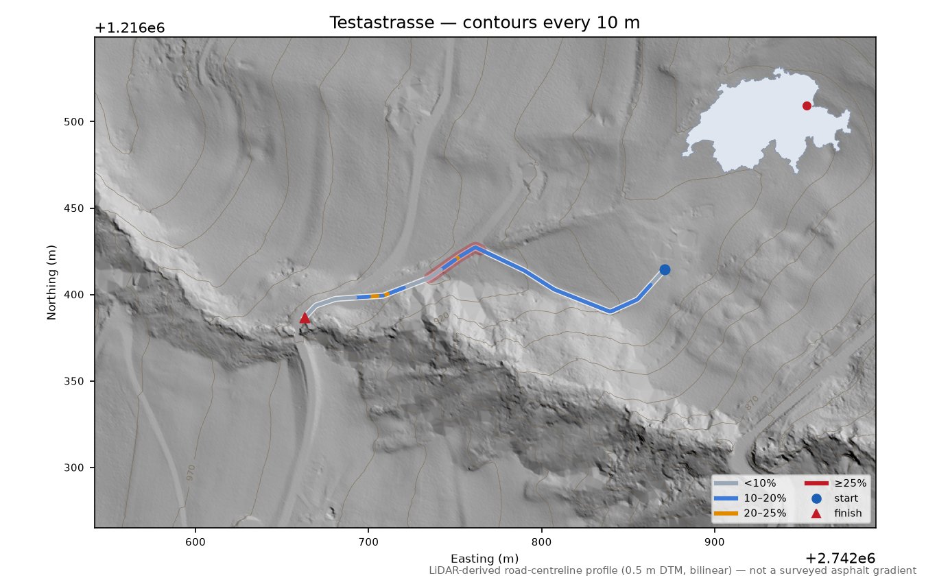 Testastrasse LiDAR hillshade map with contours