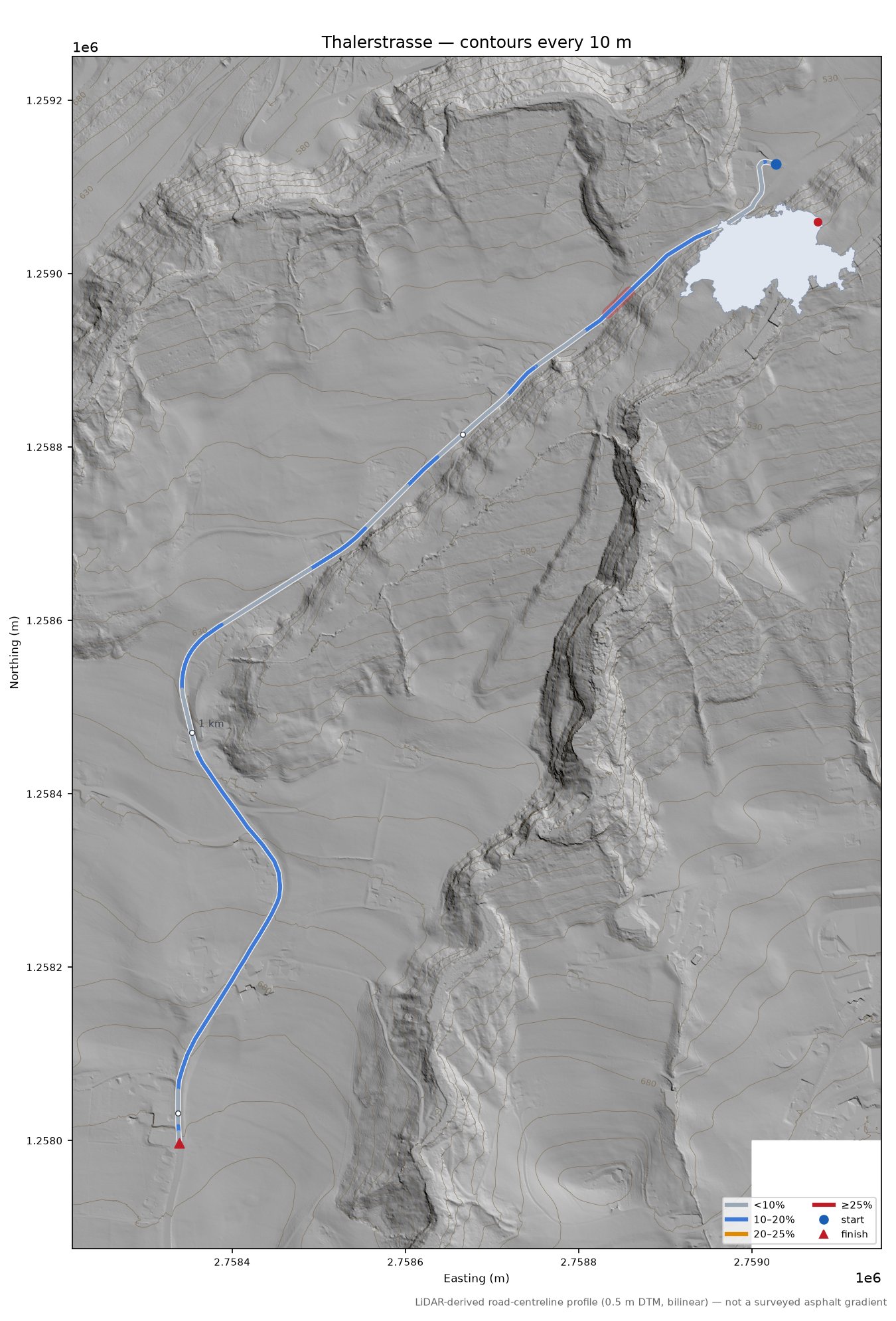 Thalerstrasse LiDAR hillshade map with contours