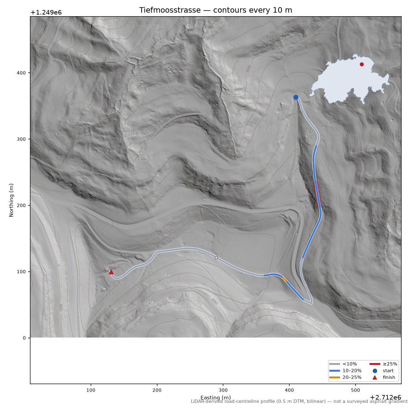 Tiefmoosstrasse LiDAR hillshade map with contours