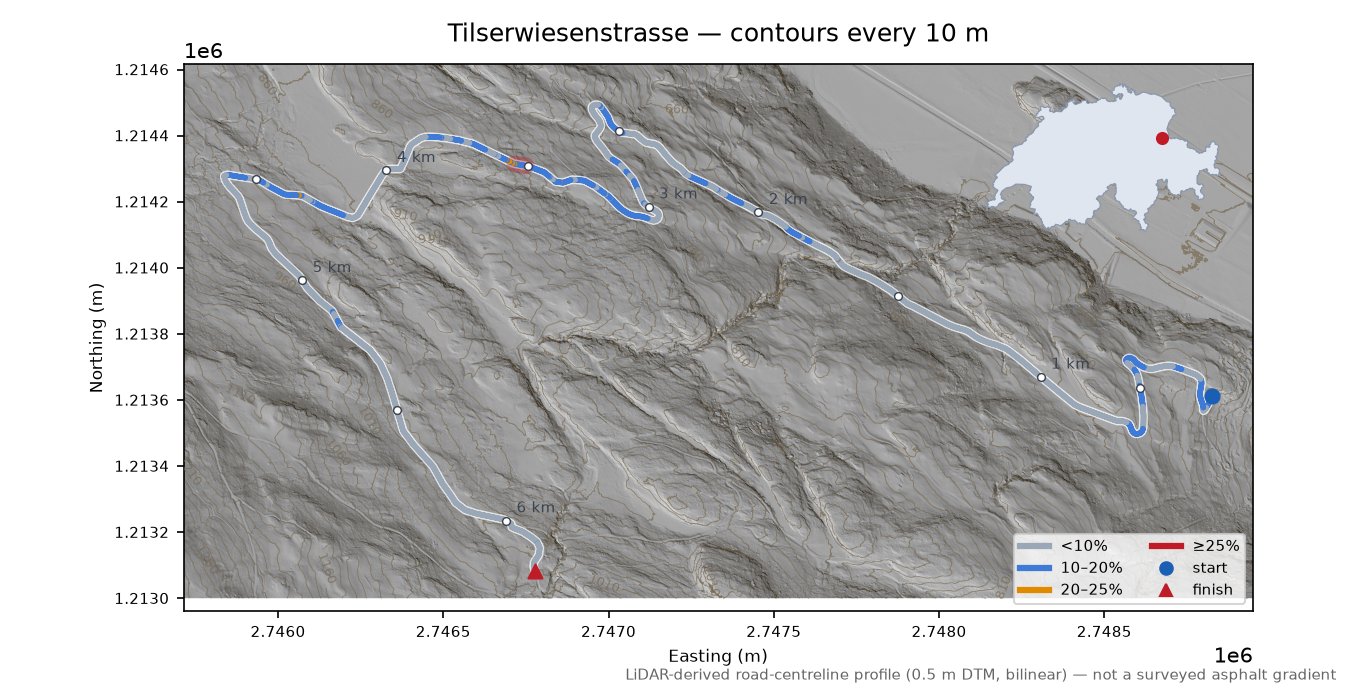 Tilserwiesenstrasse LiDAR hillshade map with contours