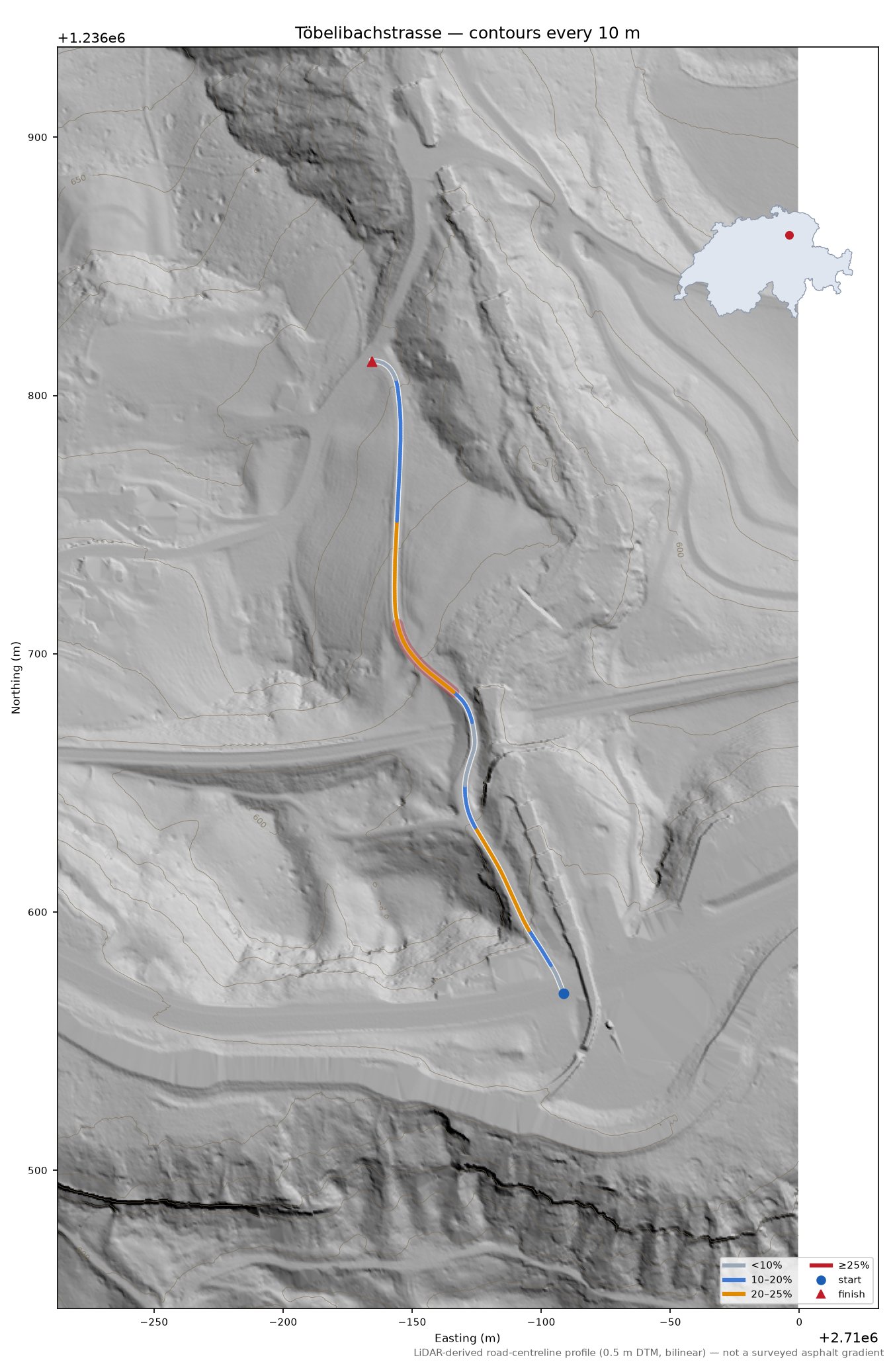Töbelibachstrasse LiDAR hillshade map with contours