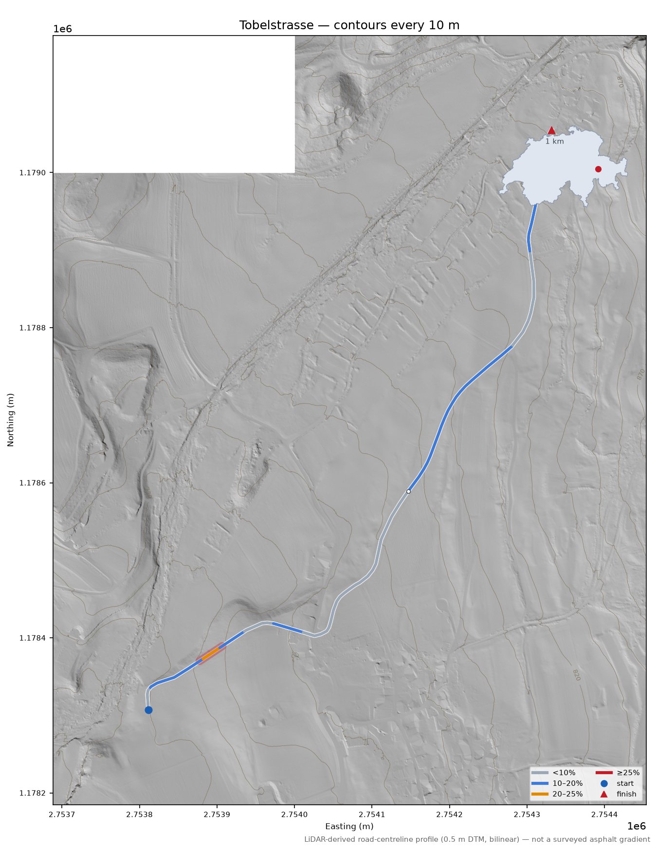 Tobelstrasse LiDAR hillshade map with contours