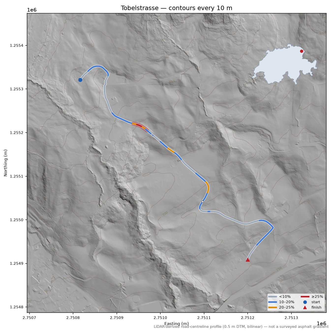 Tobelstrasse LiDAR hillshade map with contours