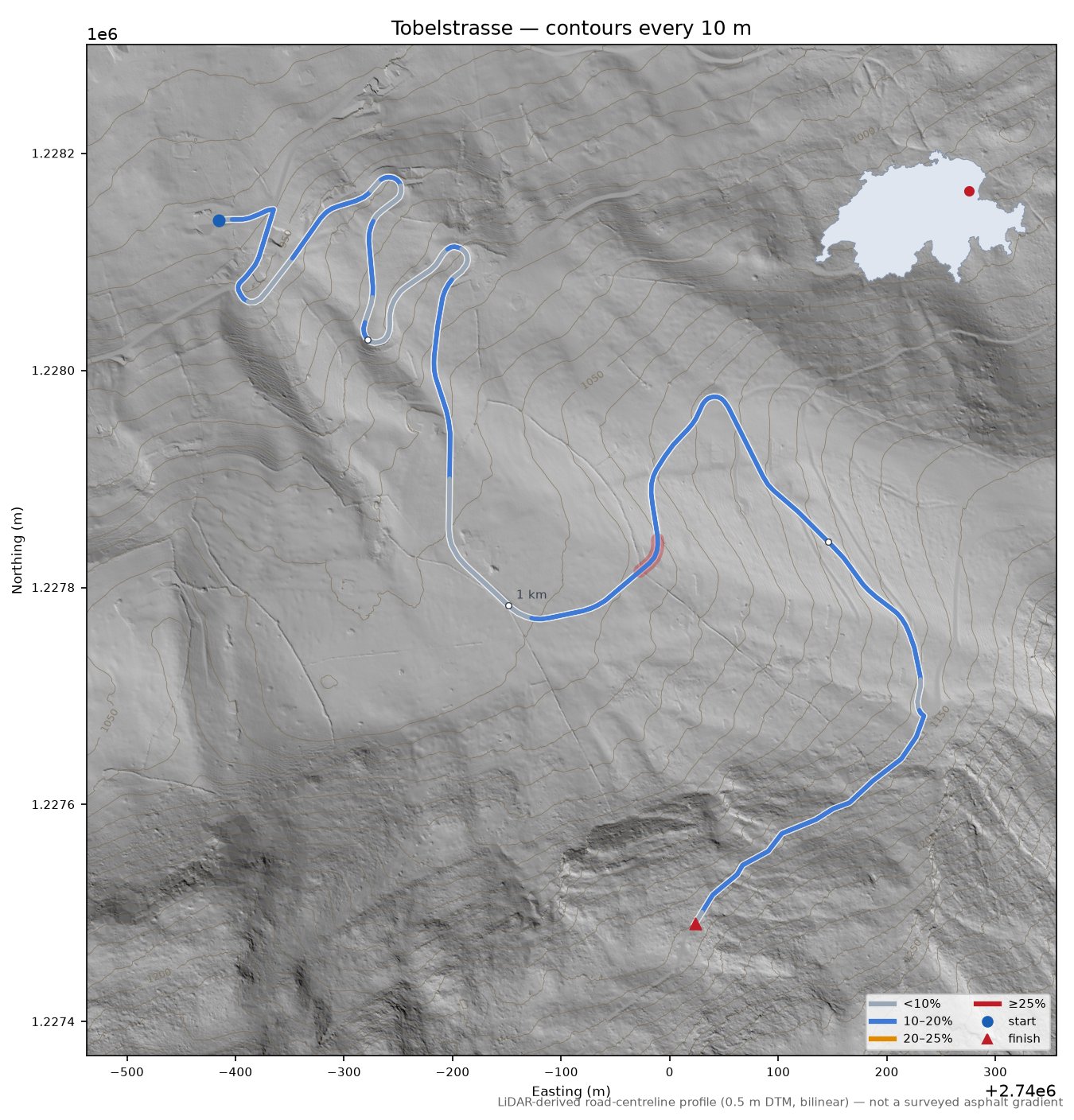 Tobelstrasse LiDAR hillshade map with contours