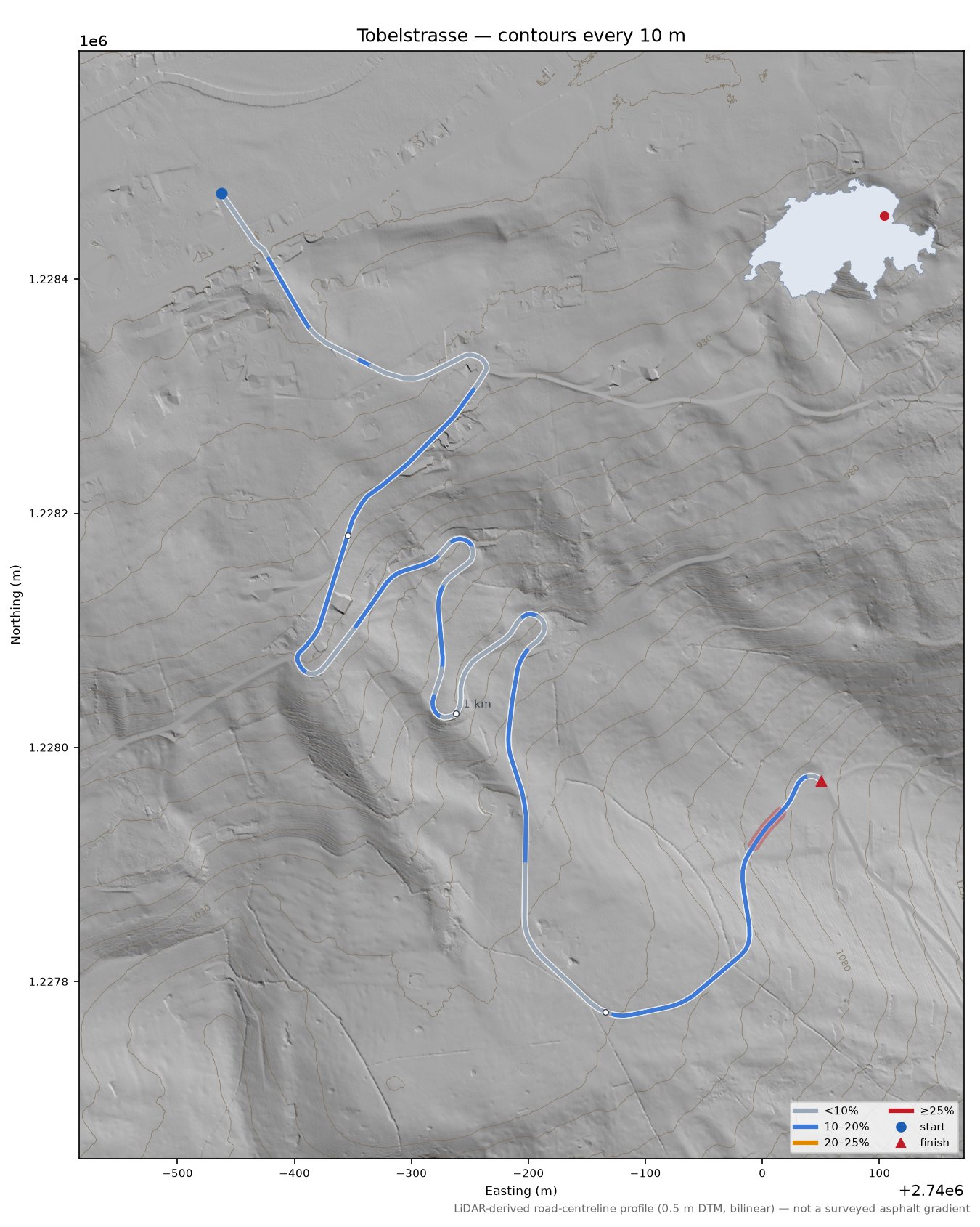 Tobelstrasse LiDAR hillshade map with contours