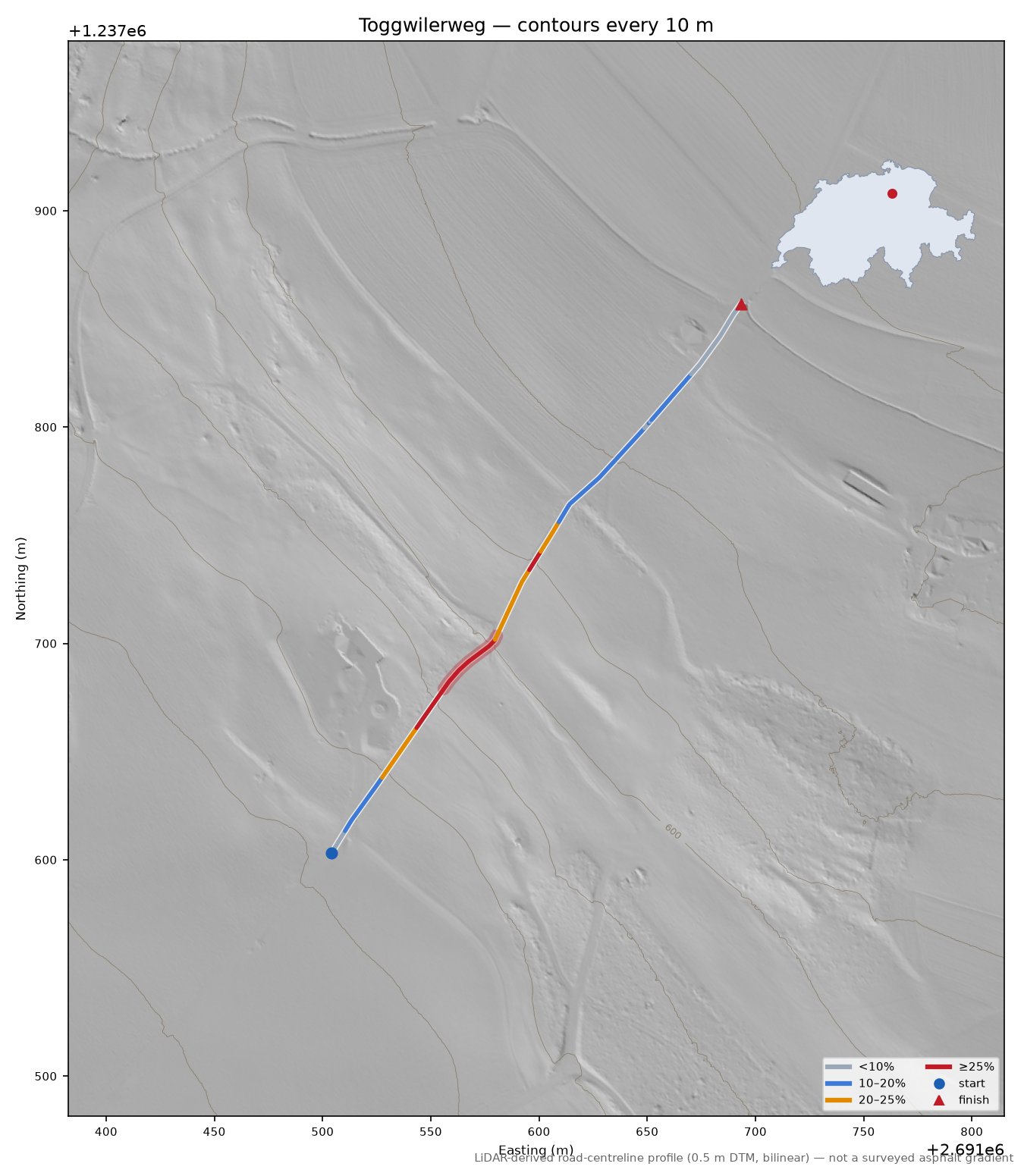 Toggwilerweg LiDAR hillshade map with contours