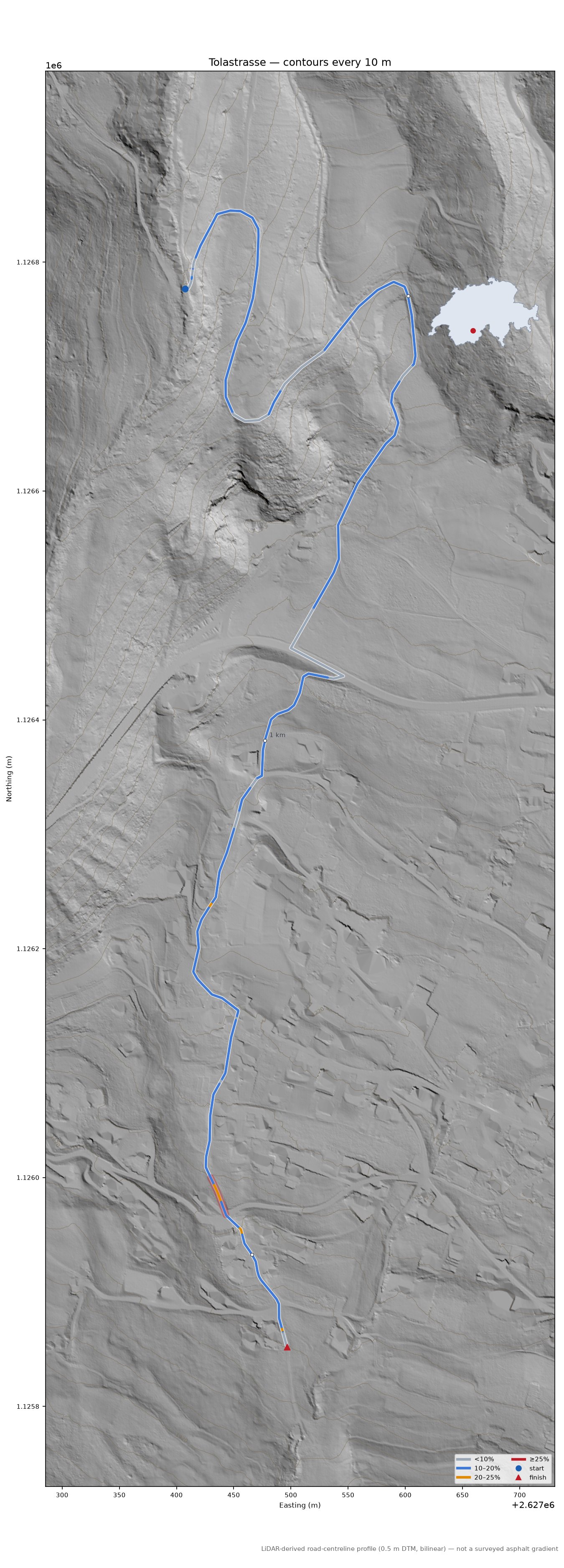 Tolastrasse LiDAR hillshade map with contours