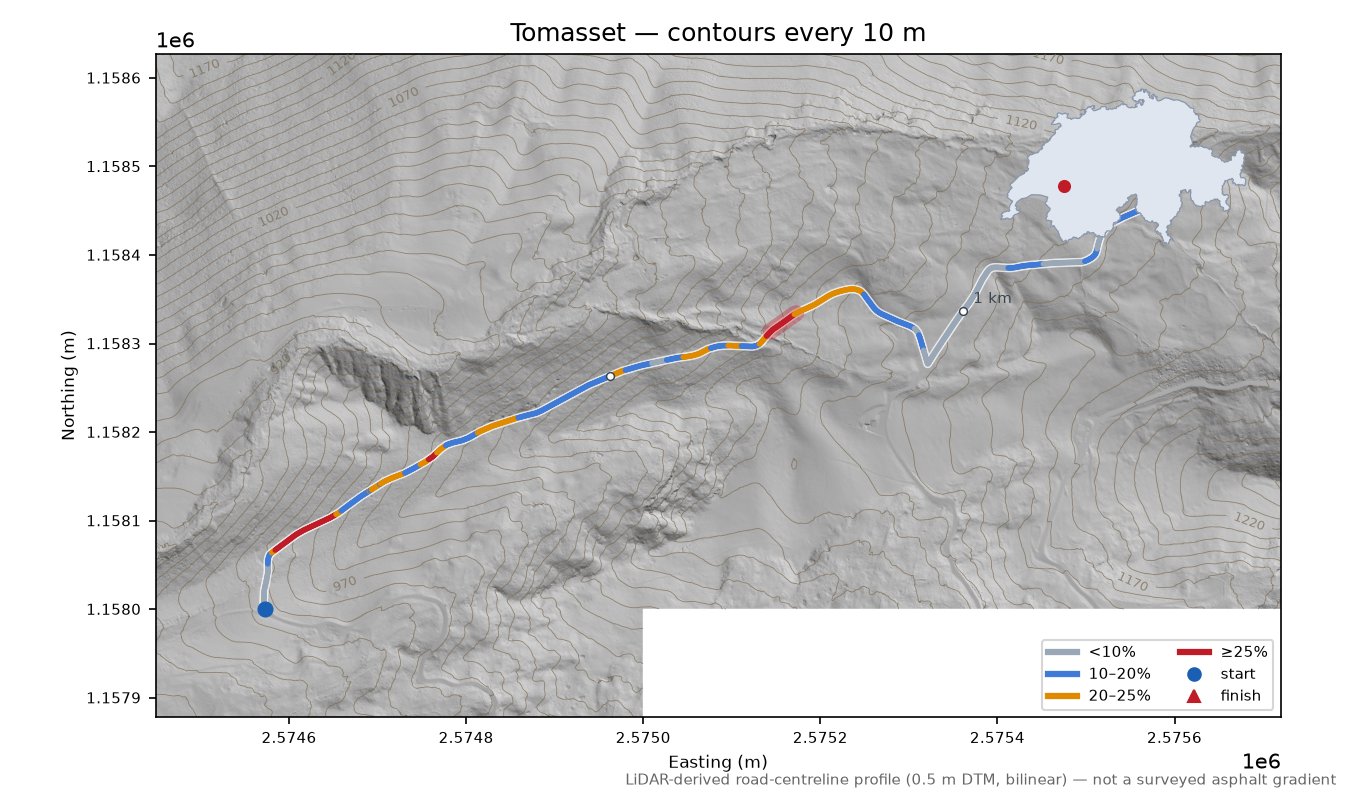 Tomasset LiDAR hillshade map with contours