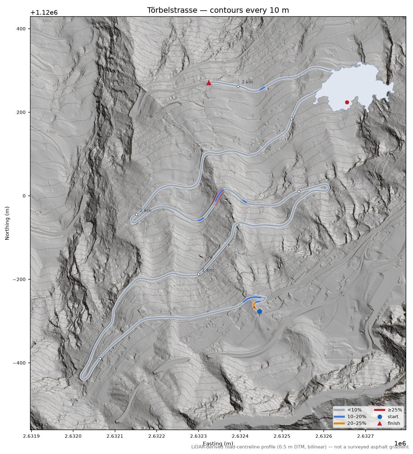 Törbelstrasse LiDAR hillshade map with contours