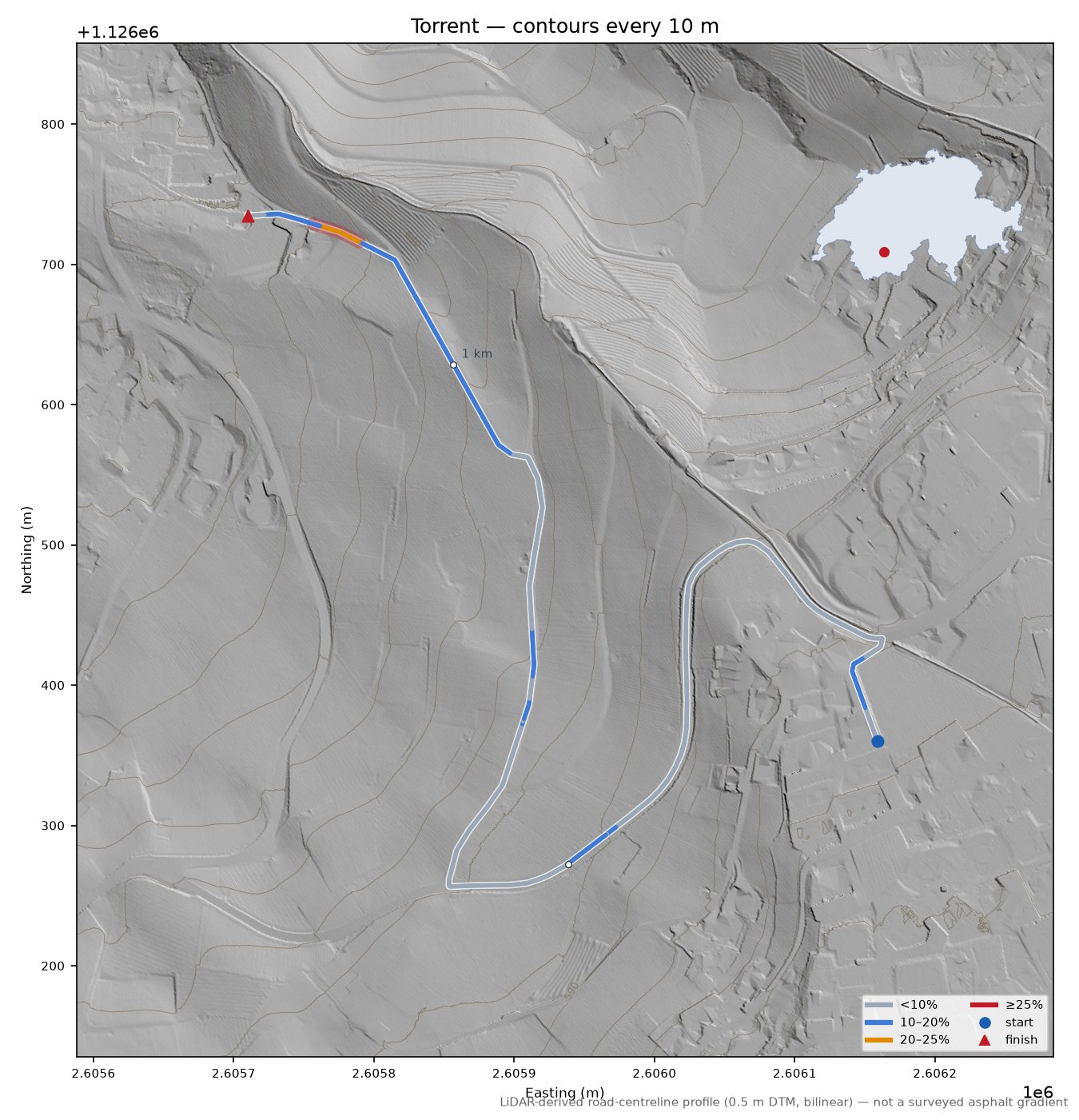 Torrent LiDAR hillshade map with contours