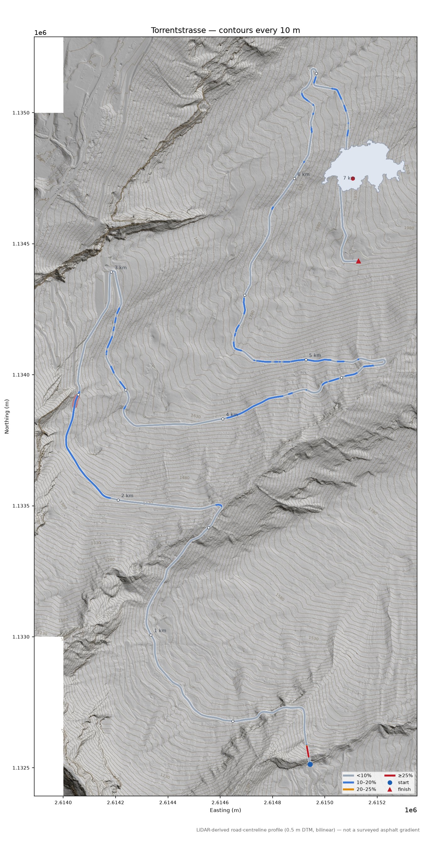 Torrentstrasse LiDAR hillshade map with contours