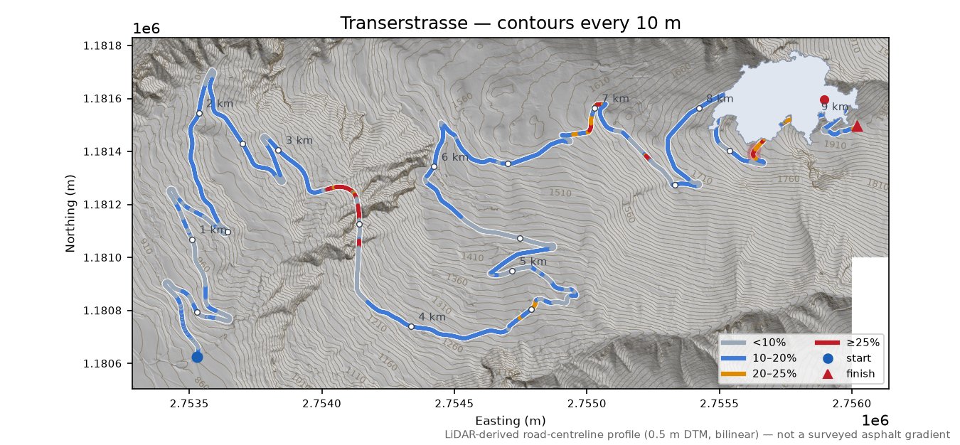 Transerstrasse LiDAR hillshade map with contours