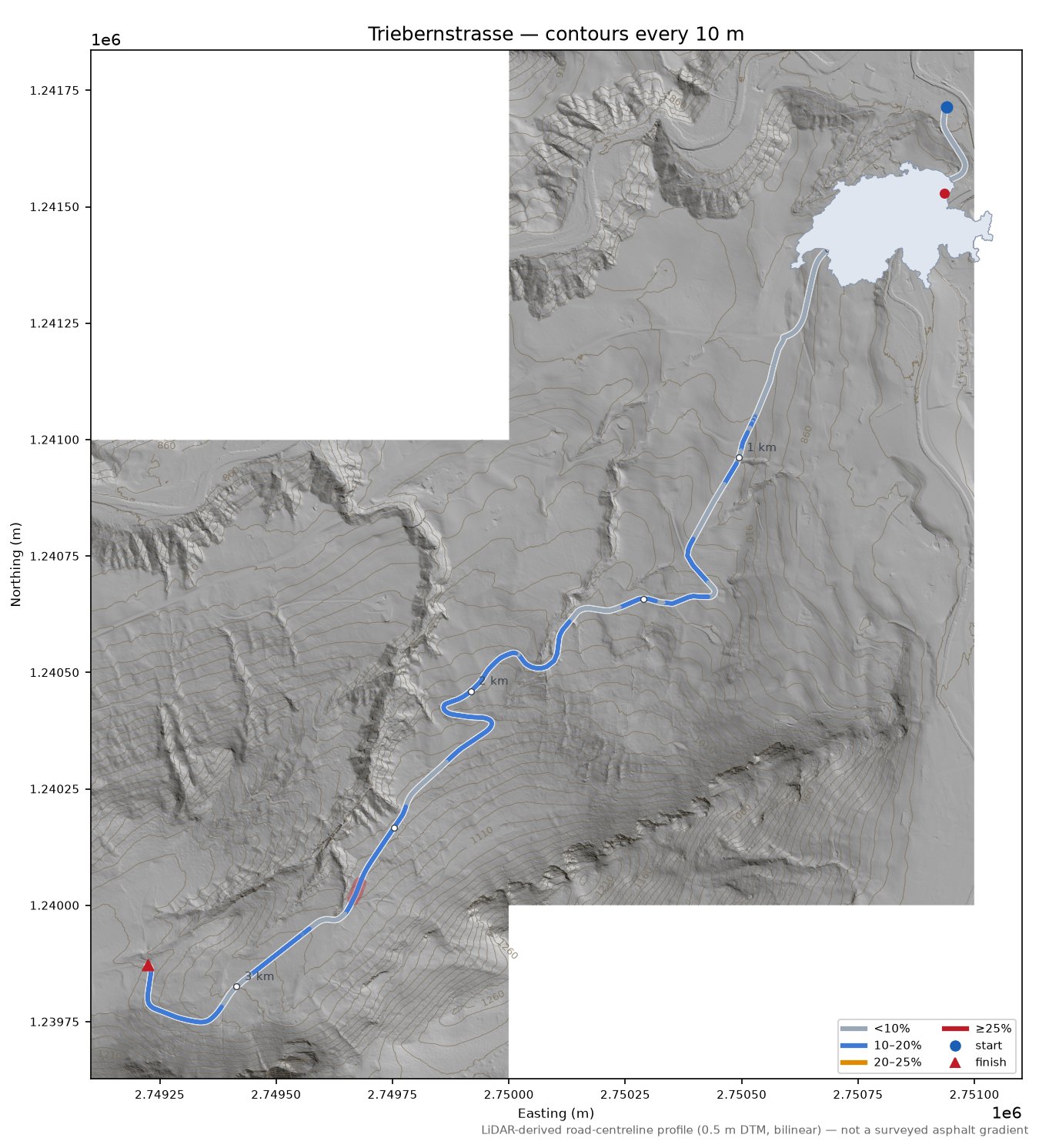 Triebernstrasse LiDAR hillshade map with contours